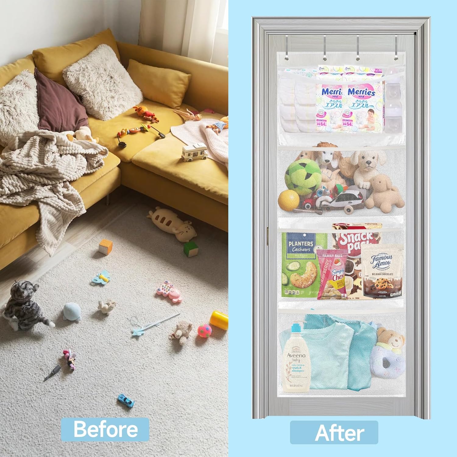 Almacenamiento de animales de peluche, organizador sobre la puerta para almacenamiento de juguetes de peluche, suministros para bebés y otros