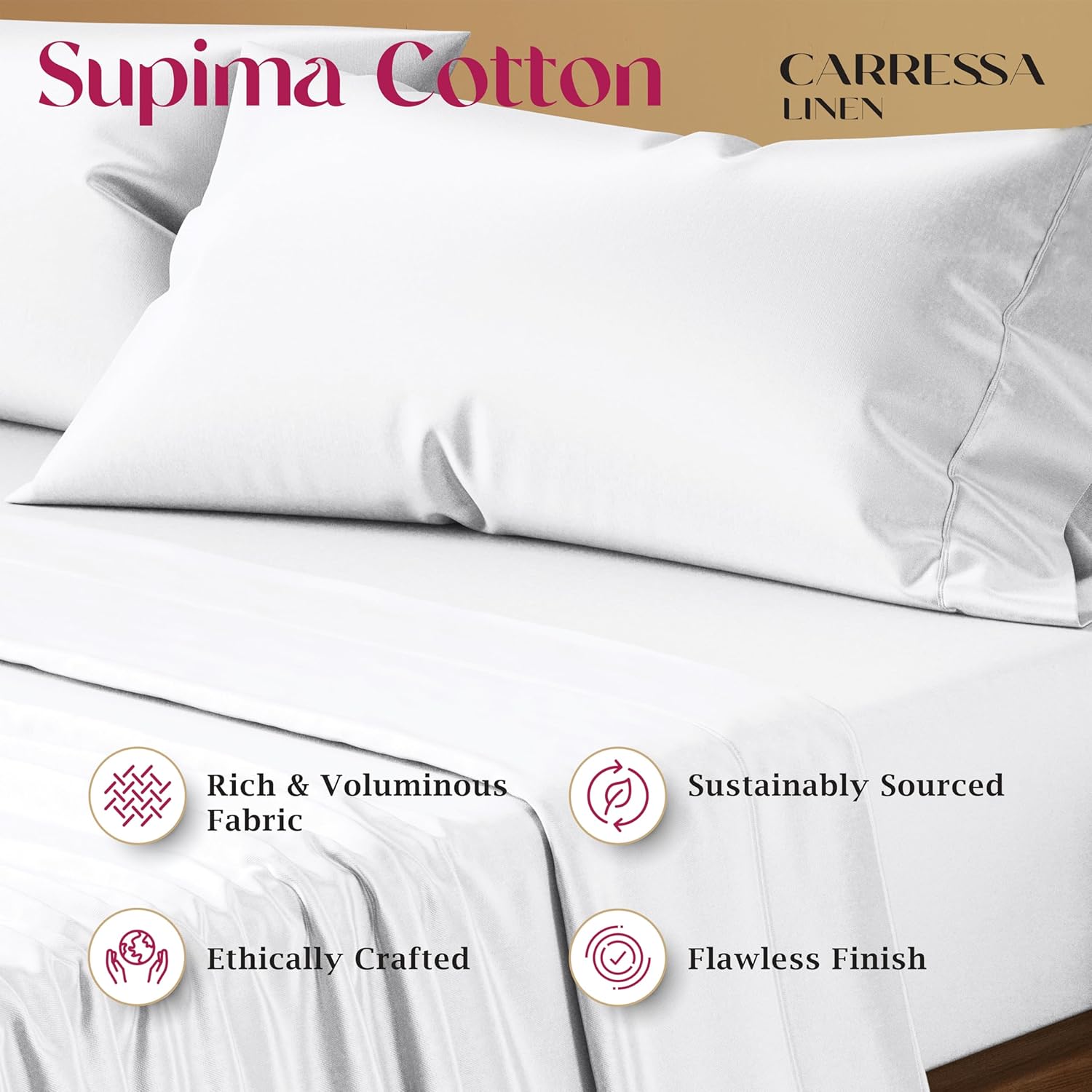 Carressa Linen Juego de 2 fundas de almohada de lujo de 100 % algodón Supima de 1200 hilos, tamaño estándarQueen, color blanco, tejido de satén