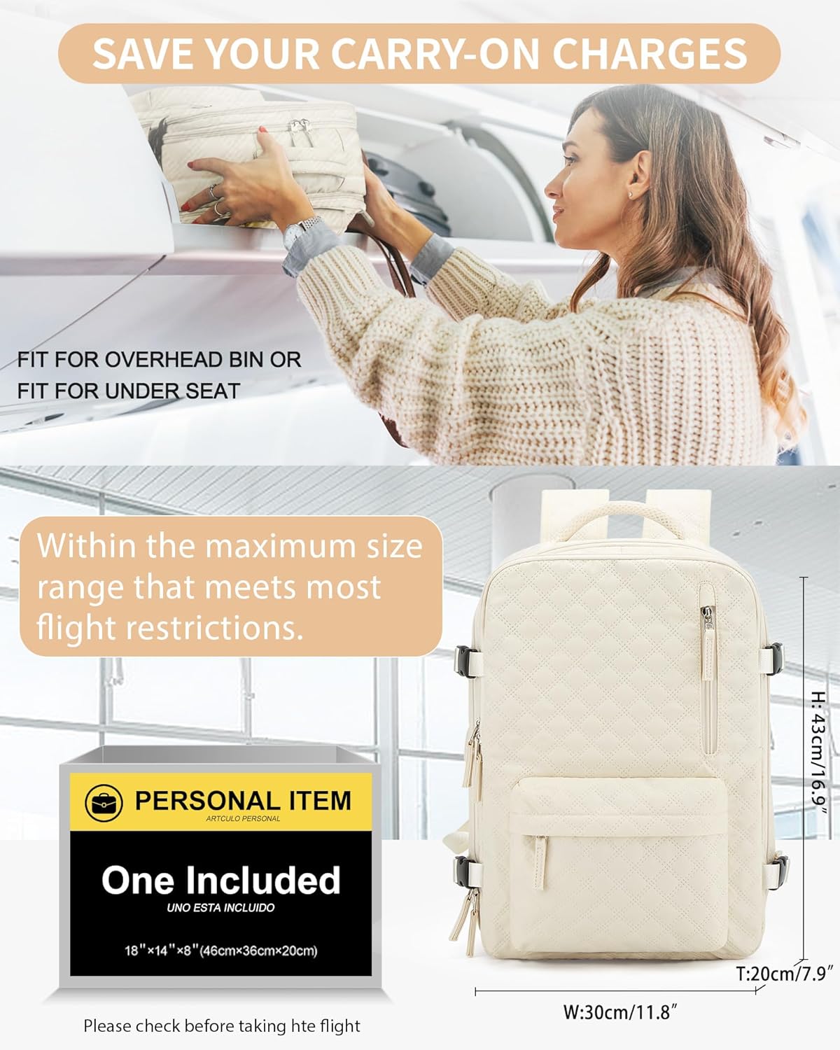 VECAVE Mochila de viaje para laptop, mochila aprobada para vuelos,Mochila deportiva para universidad casual, M-Beige, Mochila para laptop