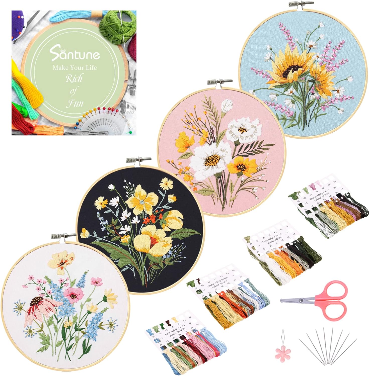 Santune Paquete de 4 bordados de flores para principiantes y adultos, kits de punto de cruz para principiantes bordado a mano con patrones de