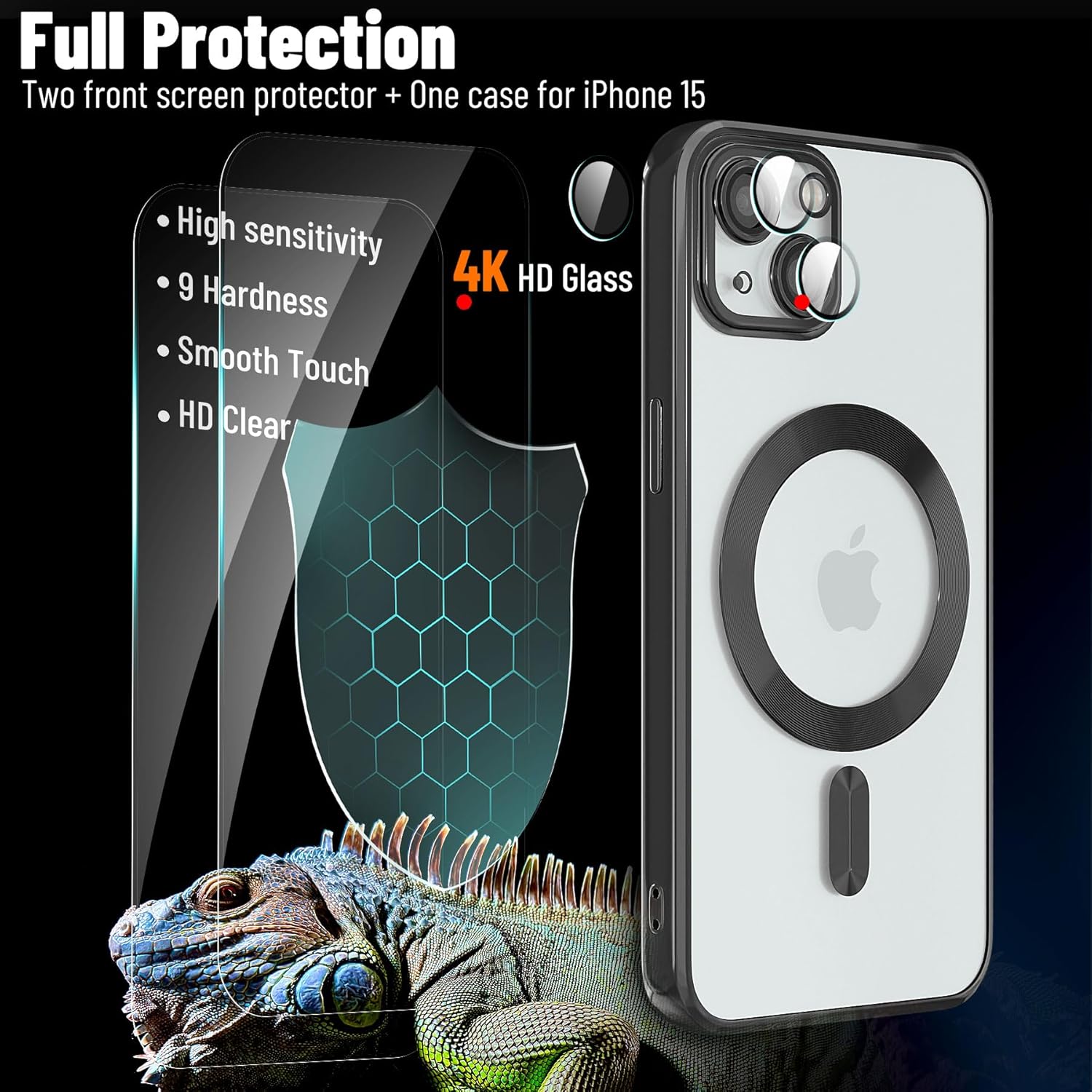 Funda magnética para iPhone 15, galvanizada transparente, delgada, para iPhone 15 (6.1 pulgadas), con película protectora de pantalla, a prueba de