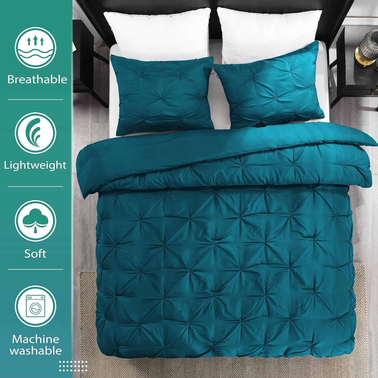 downluxe Pintuck – Juego de edredón Queen con 2 fundas de almohada, 3 piezas, juego de edredón de cama Queen color verde azulado cristalino para