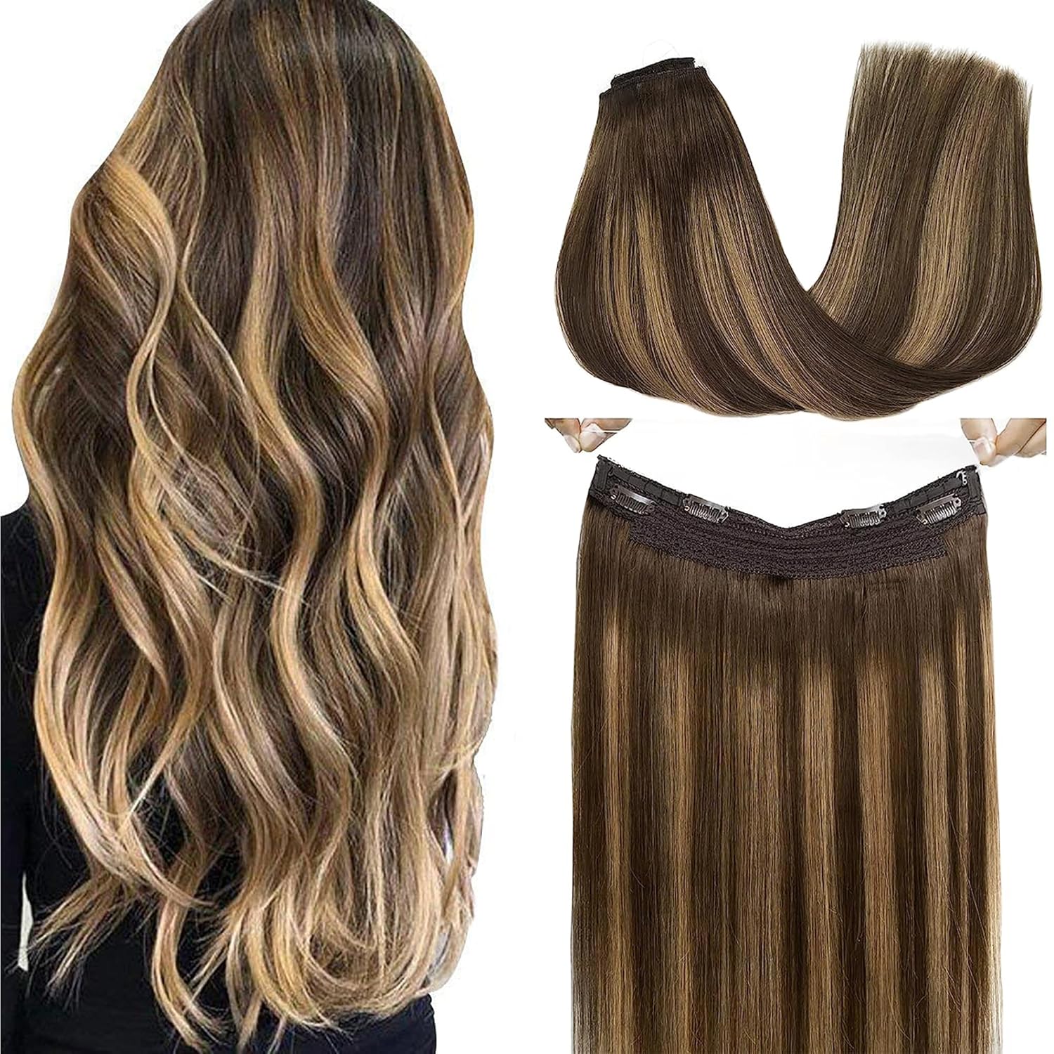 GOO GOO Extensiones de cabello humano real con alambre, 22 pulgadas, 3.88 oz de color marrón chocolate a rubio caramelo, extensiones de cabello con