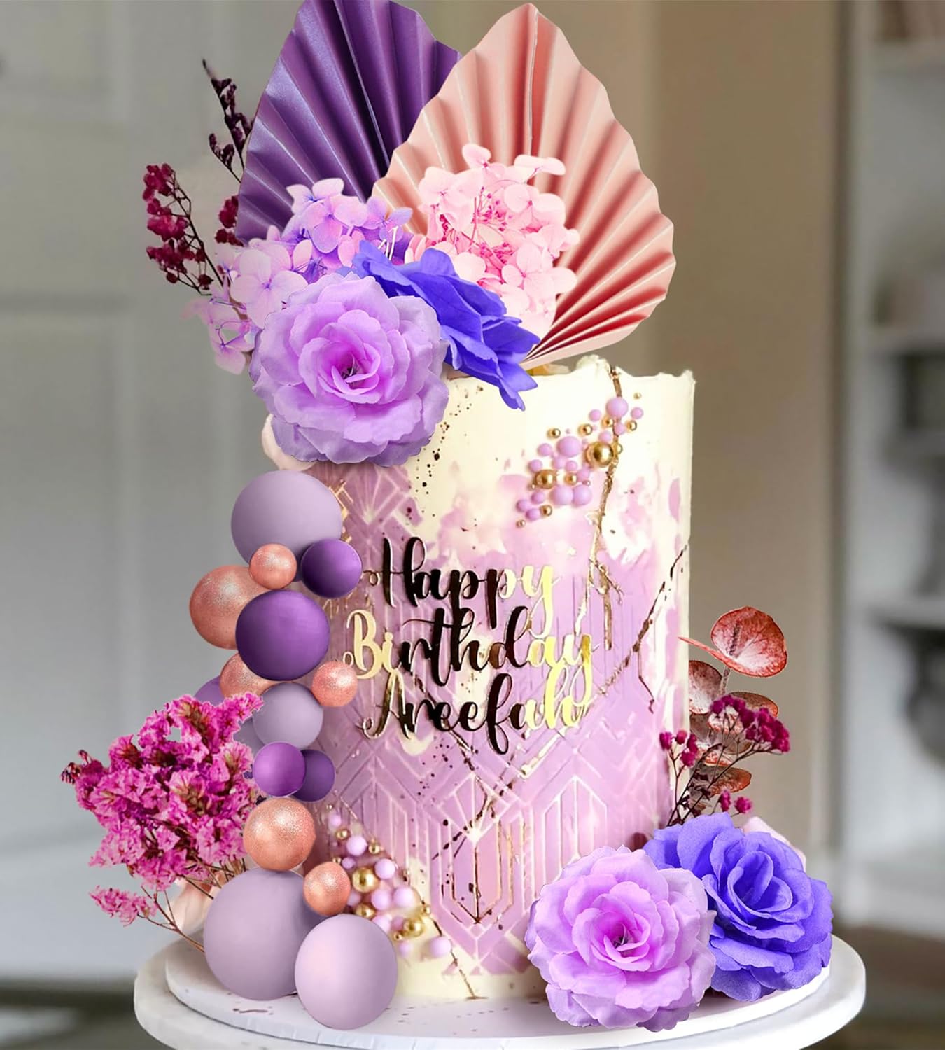 JeVenis 33 piezas de decoración de pasteles morados, decoración de pastel de rosas moradas, decoración de pasteles de hojas de palma, bolas,