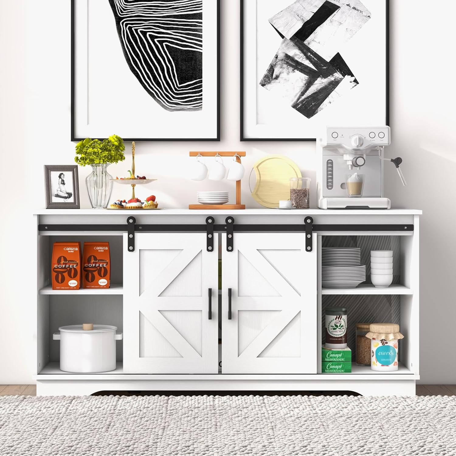 Panana Gabinete de bar con 2 puertas correderas estilo granero, gabinete de almacenamiento para casa de campo, soporte de TV (gabinete blanco)