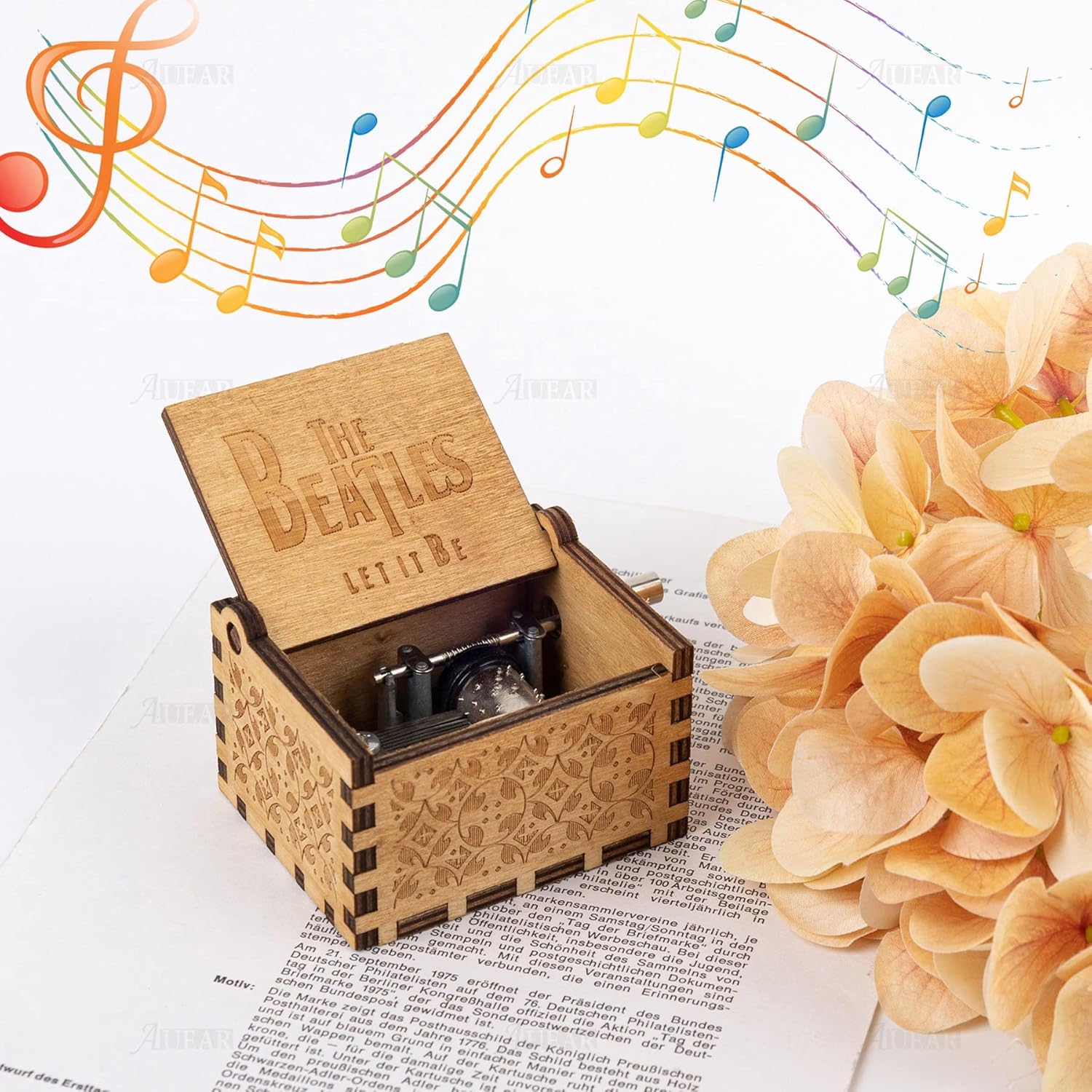 AUEAR, Caja de música de madera Let It Be con manivela grabada con láser, caja musical vintage, caja musical pequeña, regalo único para cumpleaños,