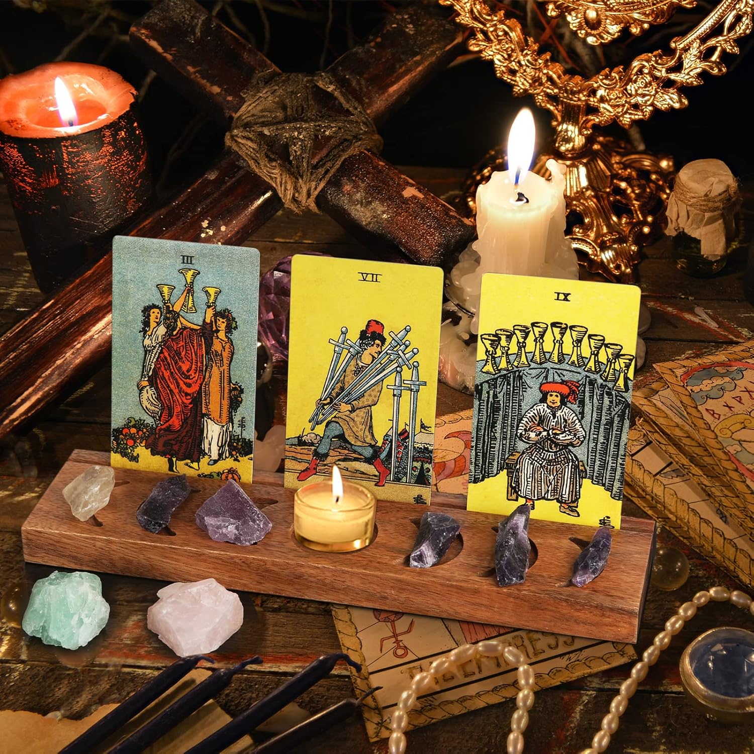 Ceiner Tarot de madera con fase lunar, soporte de bruja para meditación Oracle Lenormand, exhibición de tarjetas de afirmación diaria, accesorios de