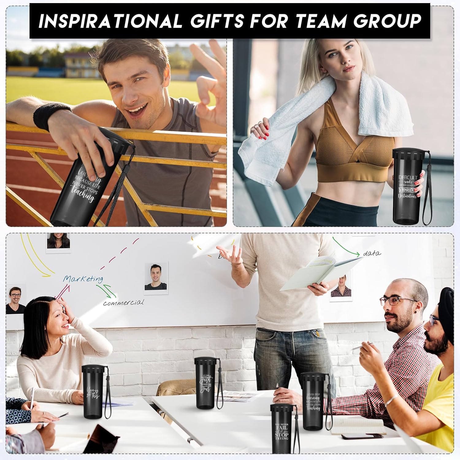 Tioncy 10 tazas inspiradoras de agradecimiento, regalos de agradecimiento al personal, botellas de agua motivacionales a granel con correa de tapa,