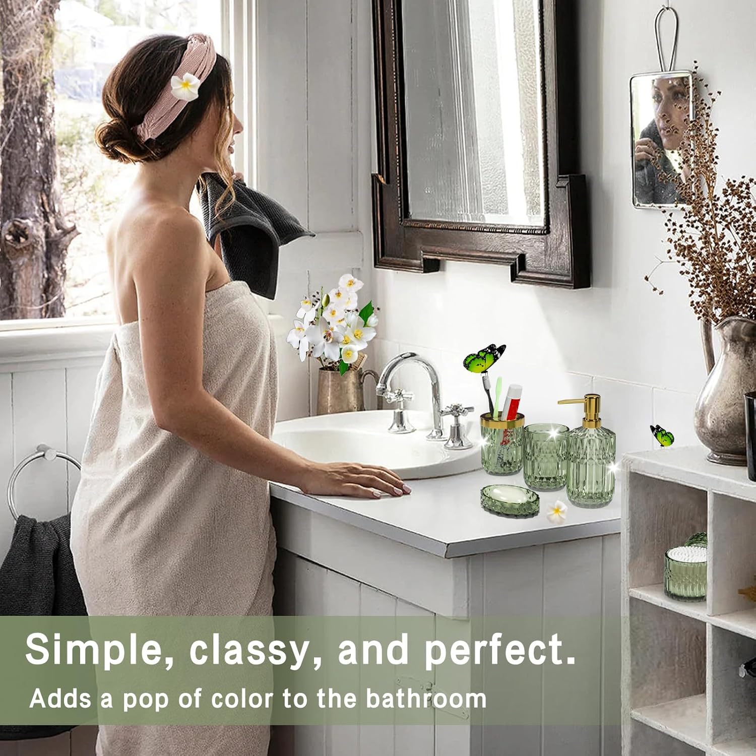 Juego de 5 accesorios de baño verde de alta calidad, moderno organizador de tocador de cristal para decoración de baño, dispensador de jabón de