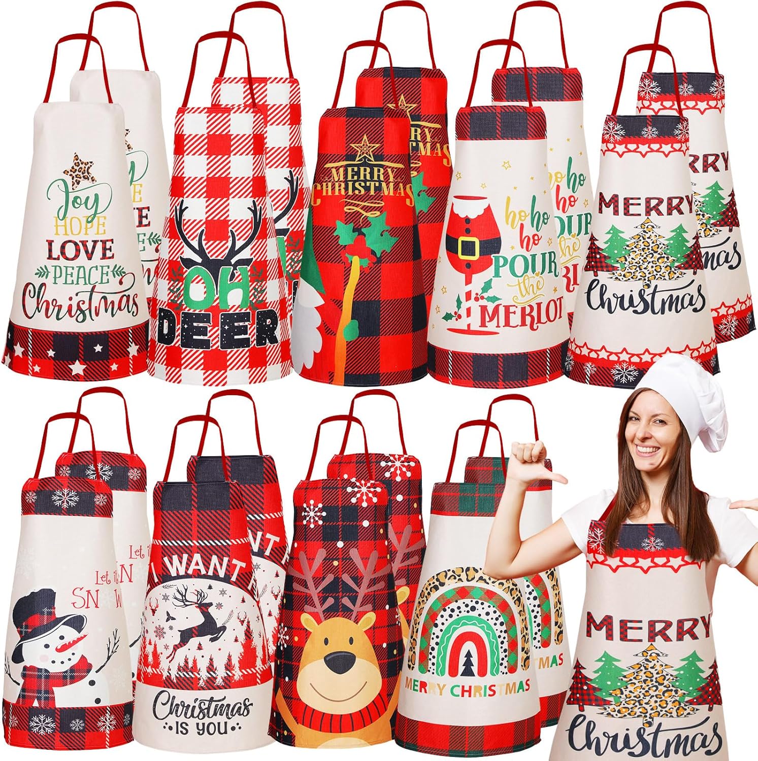 Suhine 18 delantales de cocina de Navidad, delantal de cocina para fiesta de Navidad, delantal de búfalo rojo y negro, delantal de decoración de