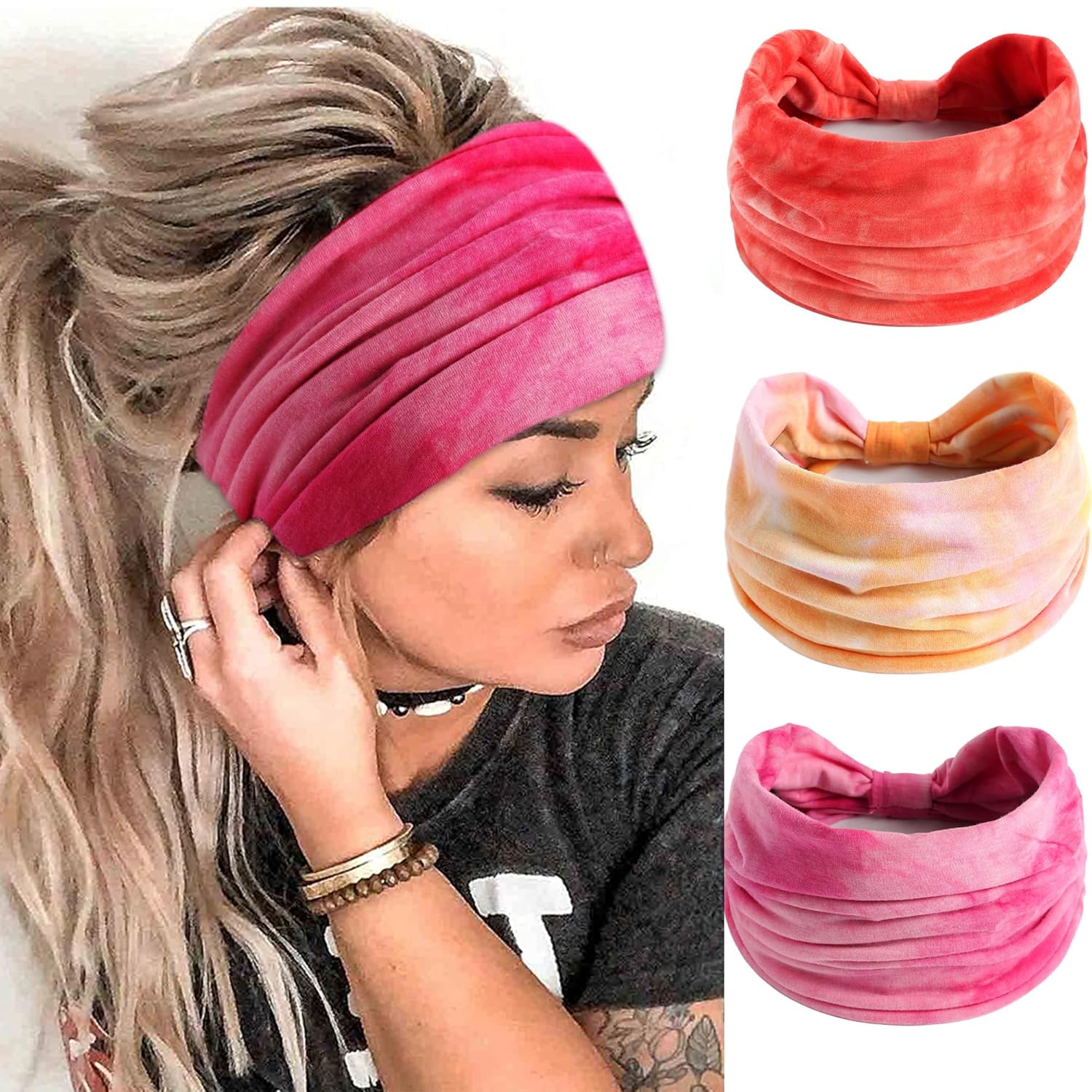FULZTEY Diademas anchas para mujer, diademas bohemias de moda, color rosa, teñido anudado, elásticas, para yoga, deportes, entrenamiento, bandas