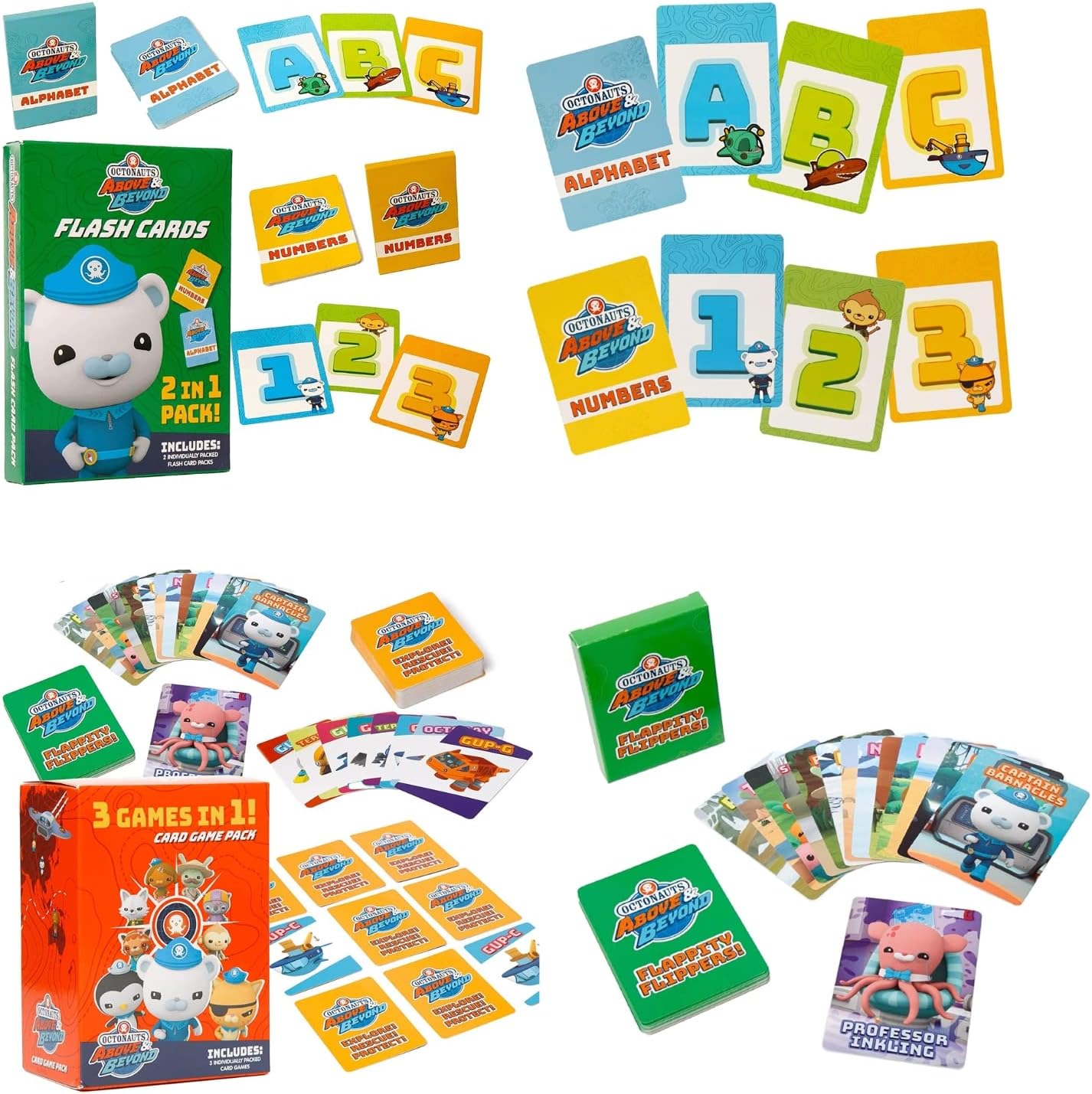 Octonauts – Juegos de cartas clásicos y tarjetas flash para niños, incluye tres juegos, letras del alfabeto y numéricas, juego de memoria, Go Fish &