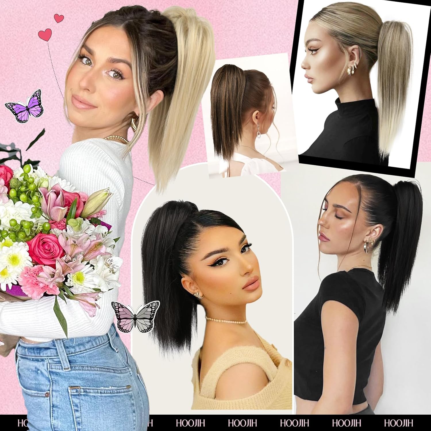HOOJIH HE027 – Extensión de cola de caballo con clip, de 14 pulgadas, extensiones de cabello lacio con clip de garra, piezas de cabello corto para