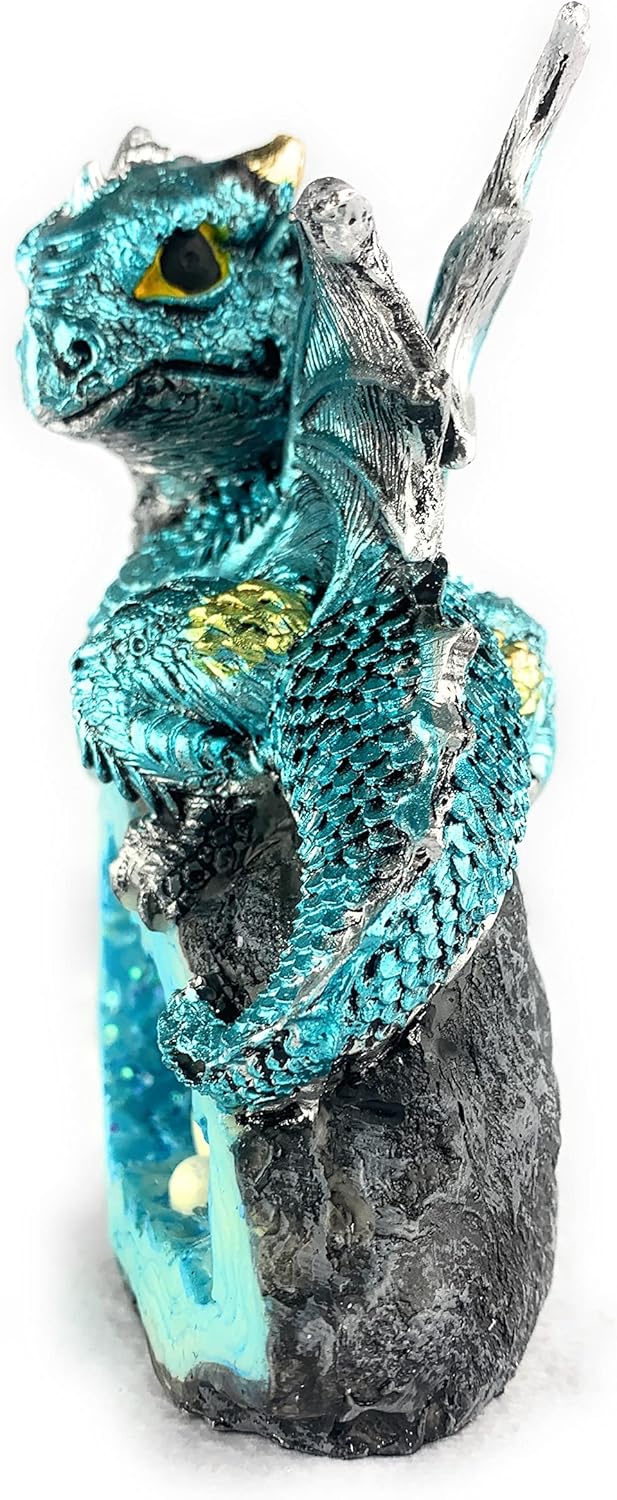 Ain’t It Nice Estatua de dragón medieval de dragón bebé con nido de huevo de cristal, figura decorativa, geoda de cristal brillante, figura de