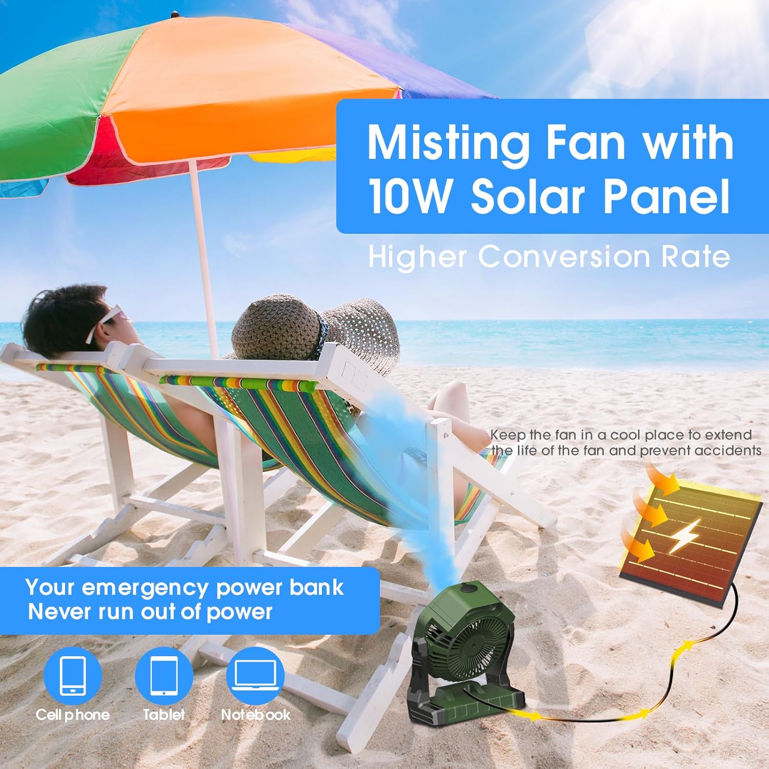 Ventilador solar de niebla de 10 W, ventilador de campamento de 10000 mAh portátil con panel solar y tanque de agua de 8.5 fl oz, ventilador de