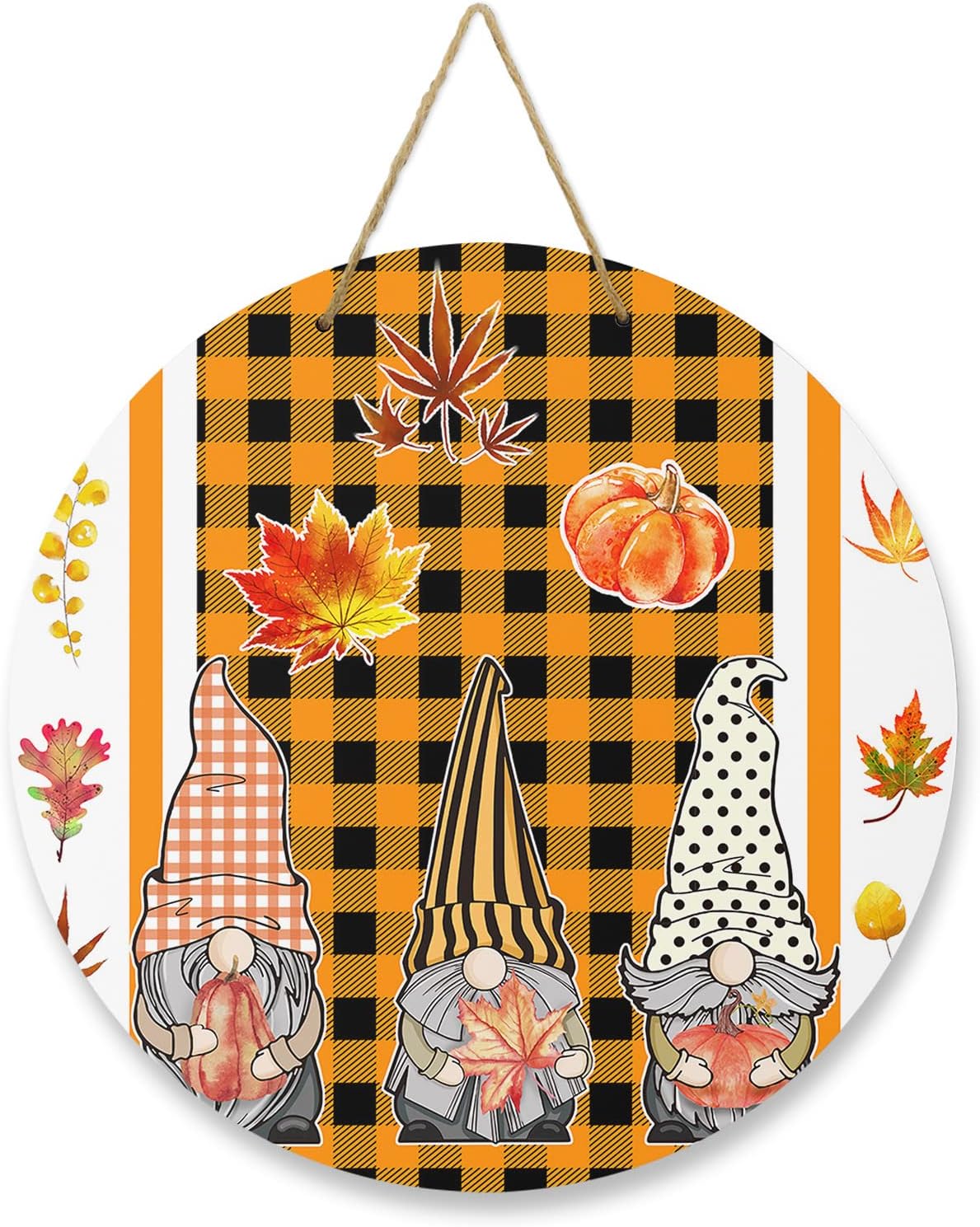 Welcome Sign for Front Door Decoration, Gnome Fall Pumpkin Maple Leaf 10 Inch Wreaths Hanging Sign Plaque Holiday Decor for Porch Garden
