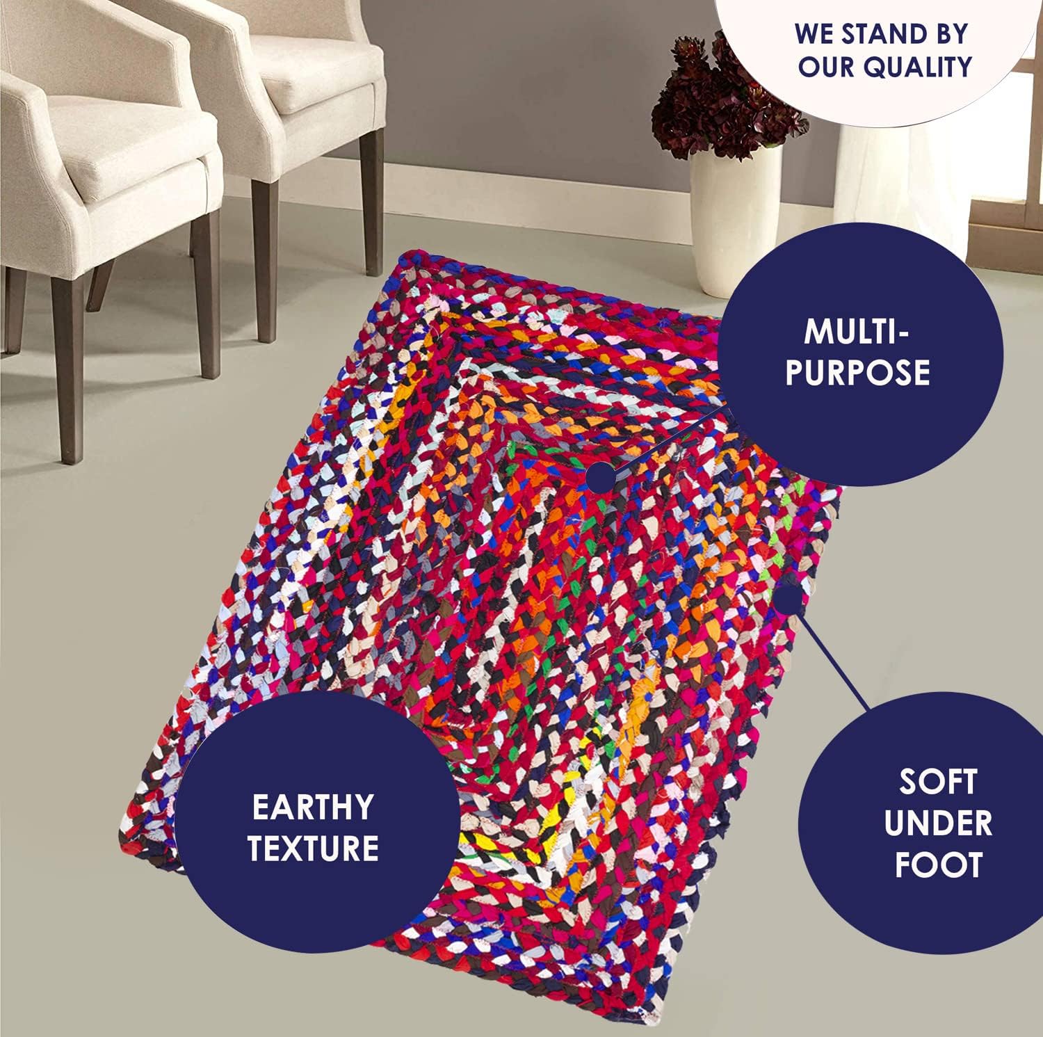 Eleet Alfombra de algodón vibrante, 2 x 3 pies, multicolor, trenzada a mano, reversible, los colores pueden variar (2 x 3 pies de algodón