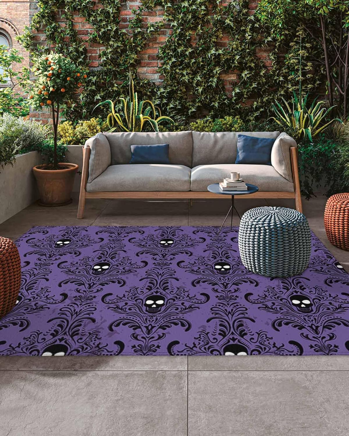 Outdoor Rugs, Waterproof Indoor Carpet, Happy Halloween Purple Black Skull Patten 4’x6′ Outside Area Rug for Patios RV Camping Beach Floor Mat for