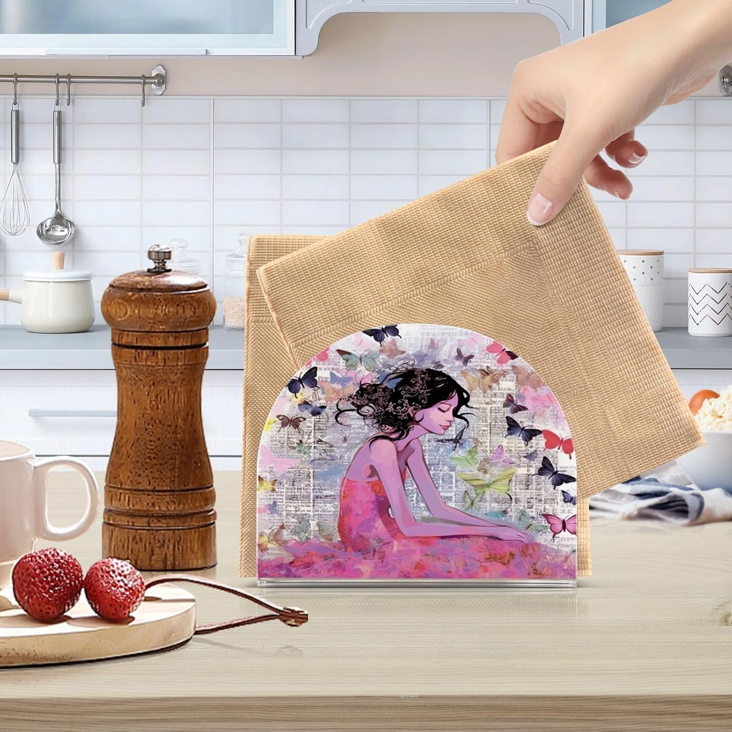 Napkin Holder Fairy Girl Butterfly Napkin Holders for Tables, Clear Acrylic Napkin Holders Cocktail Napkin Holder for Kitchen Restaurant Bar Home