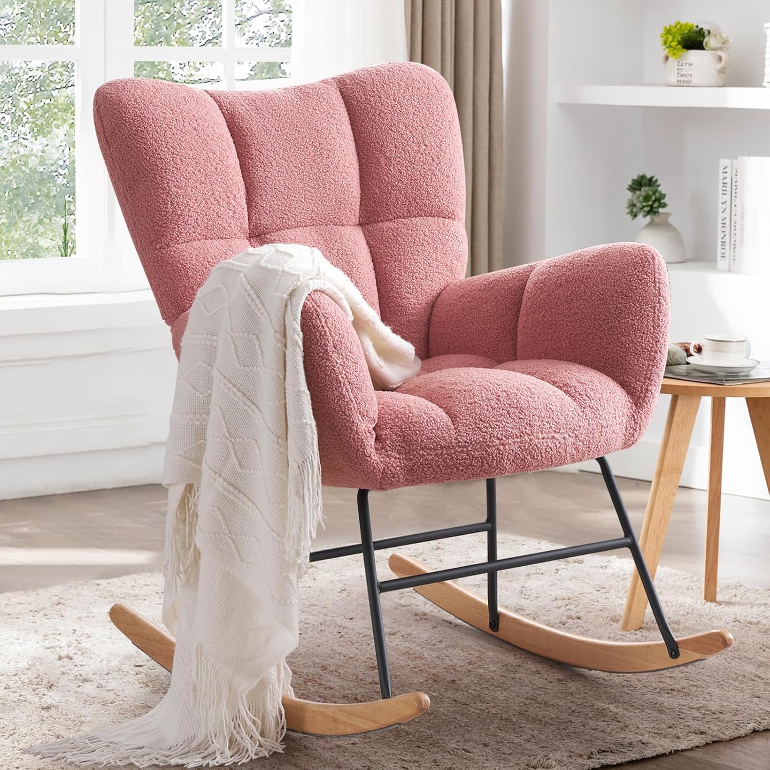 Mecedora tapizada para guardería, mecedora tapizada de peluche, asiento acolchado con respaldo alto, silla auxiliar cómoda para sala de estar,