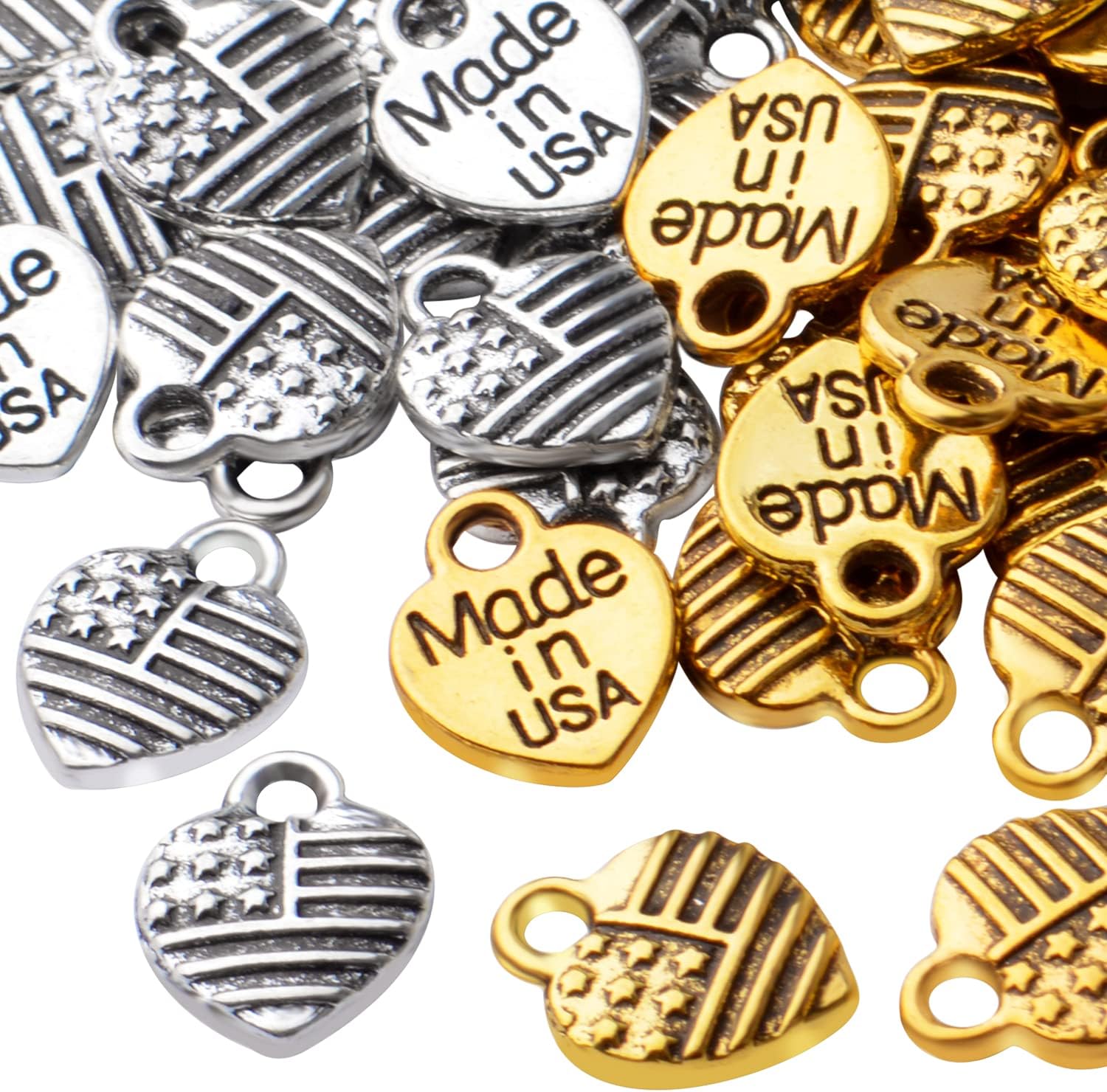 100 dijes en forma de corazón de aleación de bandera estadounidense, colgantes de bandera de corazón para collares, pulseras, joyería, manualidades,
