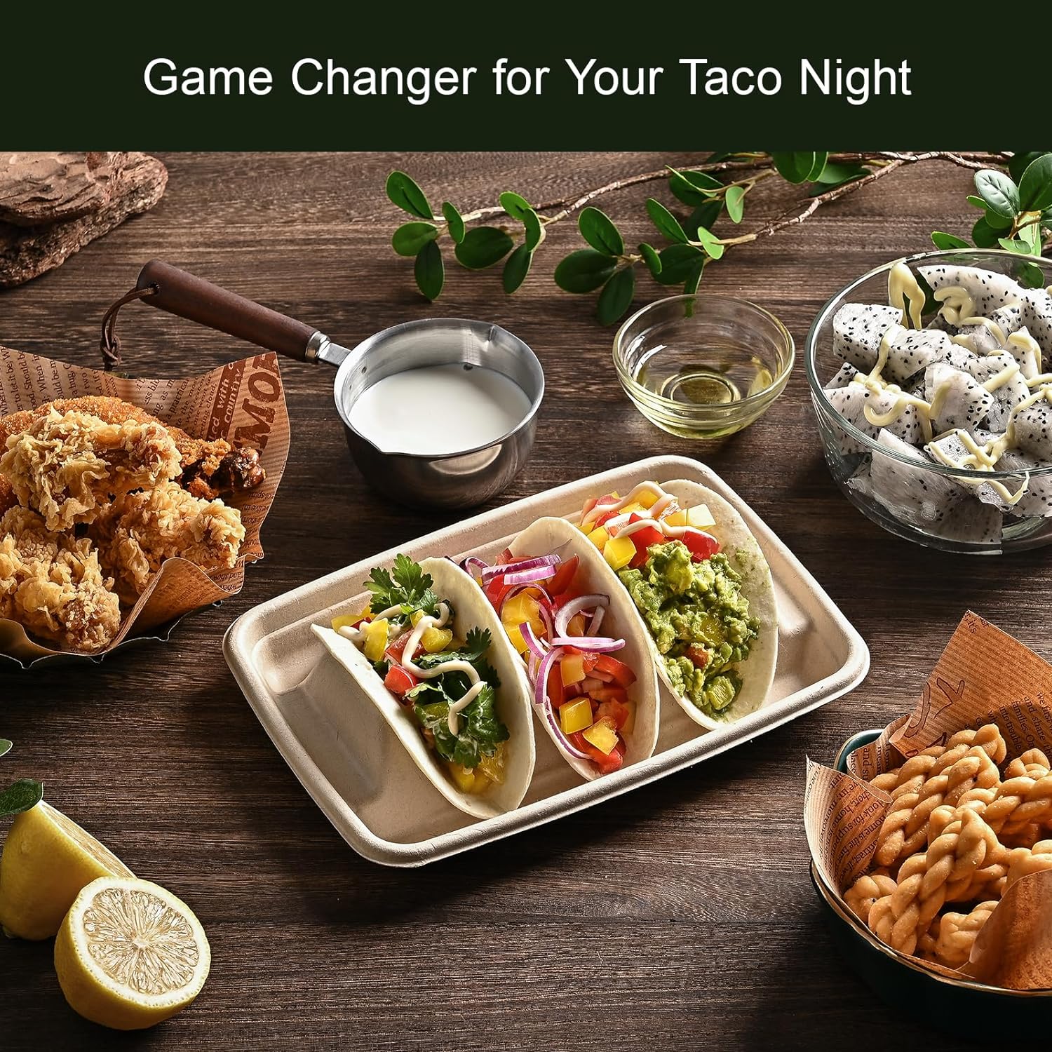 Juego de 48 piezas de barra de tacos para una fiesta, soportes desechables para tacos, soportes de papel para tacos, soportes de tacos para 3 tacos,