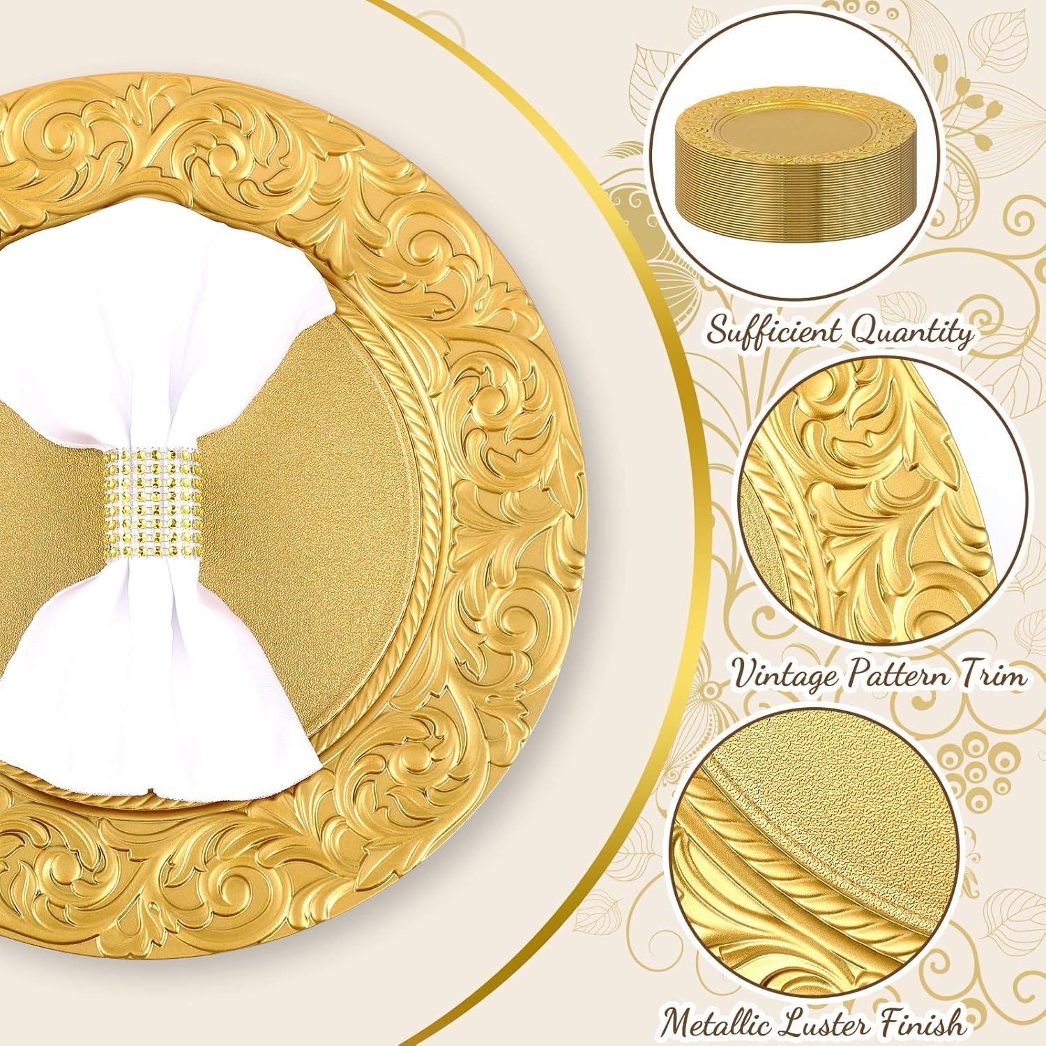 Uiifan Platos de carga antiguos a granel de plástico en relieve de 13 pulgadas, platos florales redondos para bodas, cargadores decorativos para