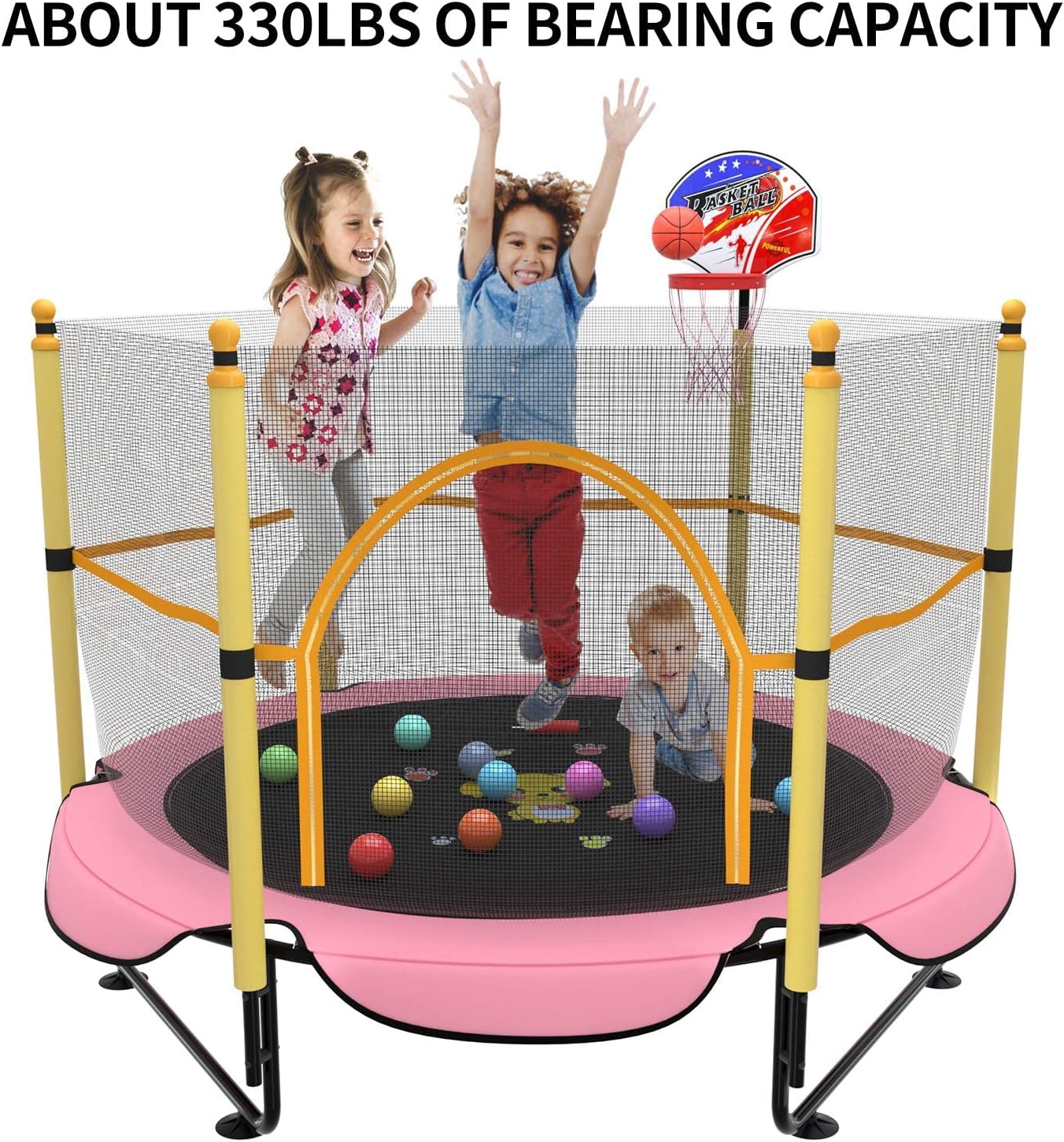Kawuneeche Trampolín de 5 pies para niños pequeños con red de seguridad, mini aro de baloncesto, tapete de salto para equipo de entretenimiento en