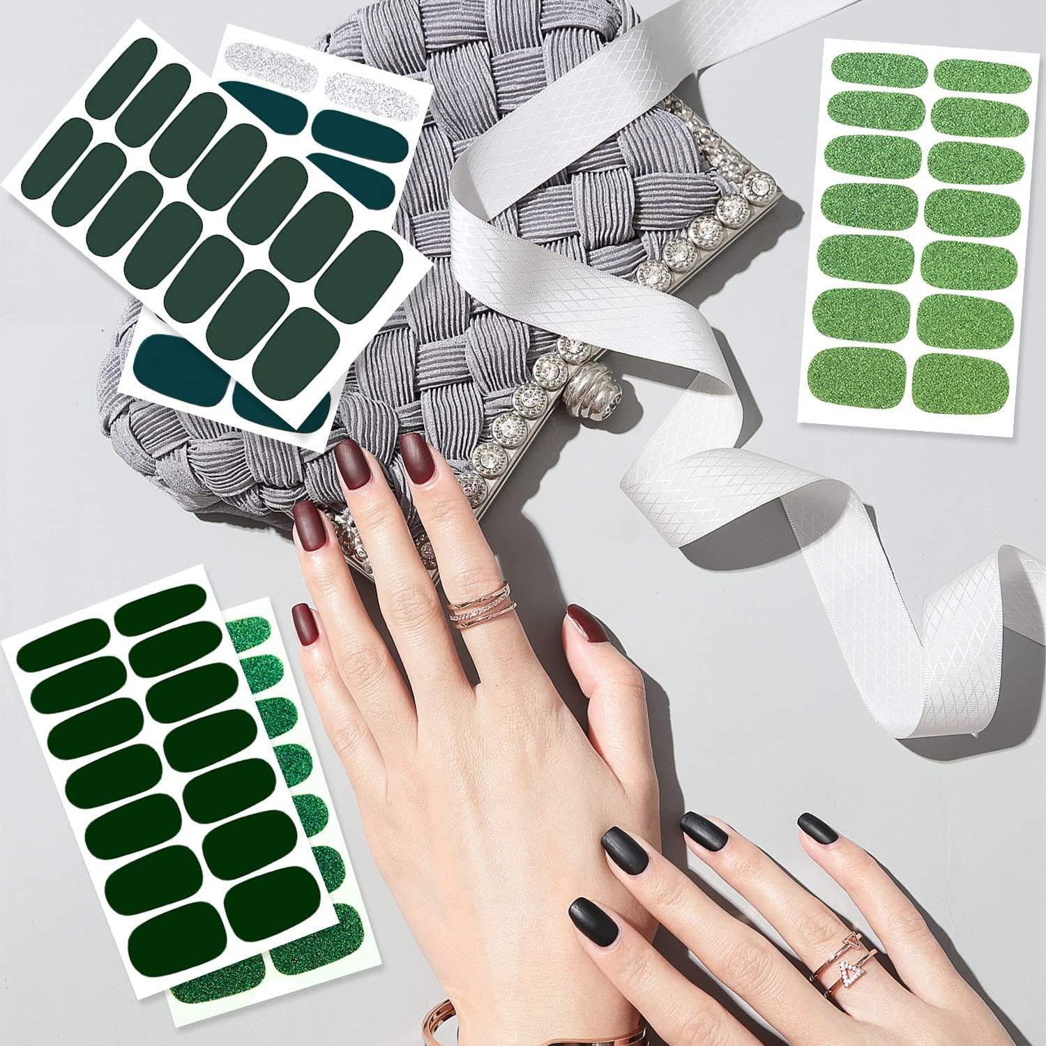 SILPECWEE 20 hojas de tiras de esmalte de uñas verdes, envolturas de uñas de primavera para mujeres, autoadhesivas, tiras de uñas de esmalte de uñas