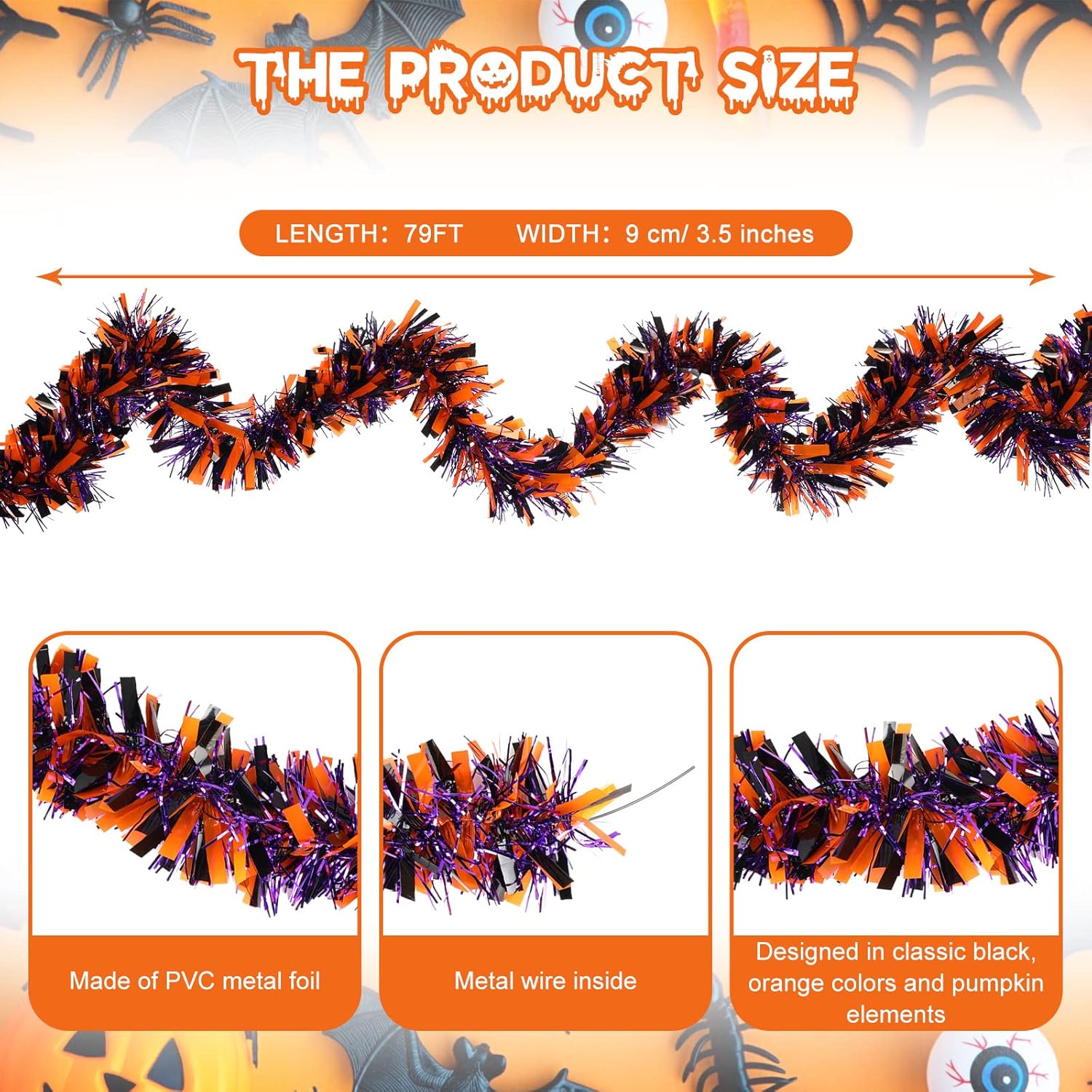 Guirnalda de oropel de Halloween de 12 piezas de 79 pies con diseño metálico brillante para colgar, colores mezclados, negro, naranja y morado, para