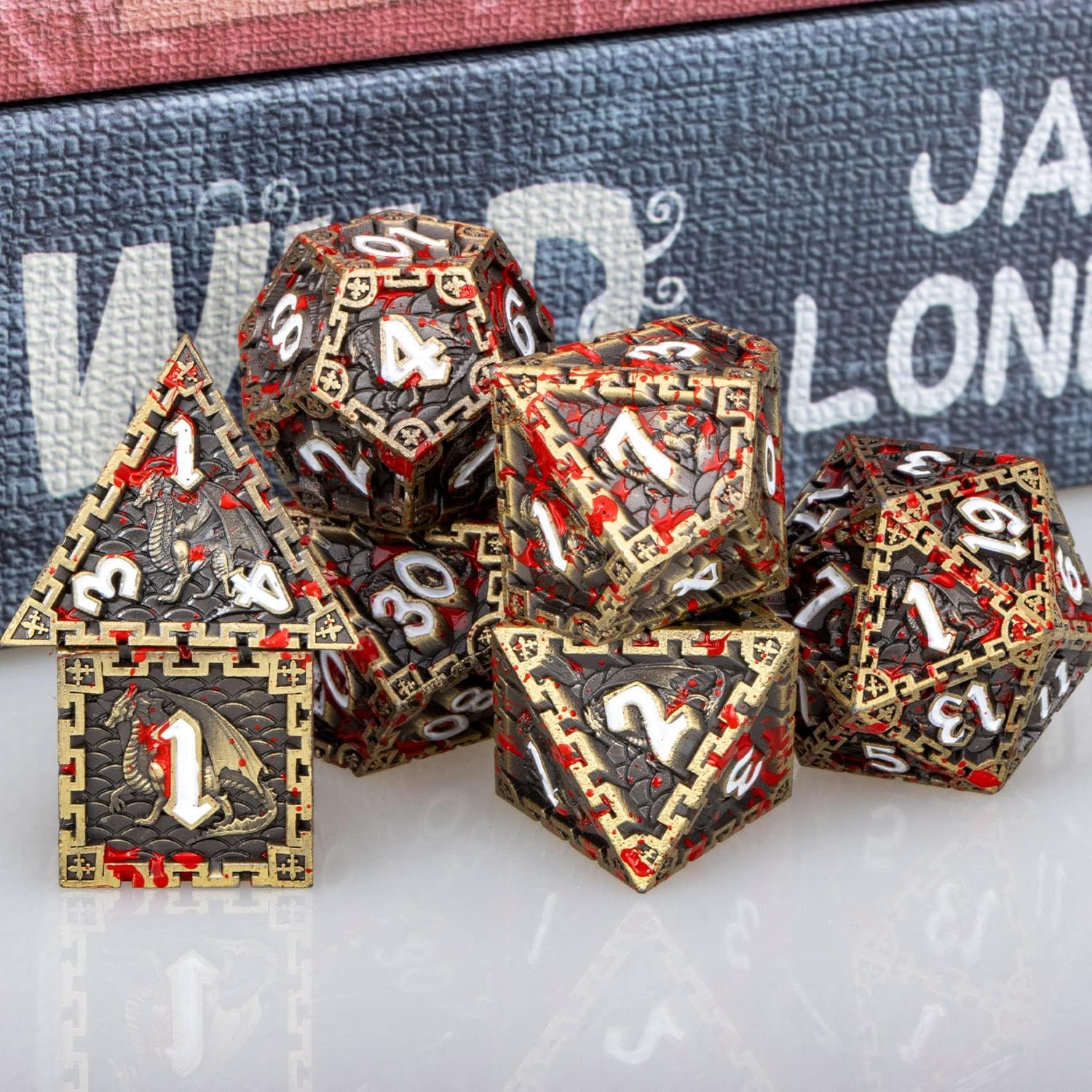 DND – Juego de dados de metal de dragón de sangre con caja de regalo, dados de bronce antiguo D&D, 7 dados poliédricos para juegos de rol, juego de