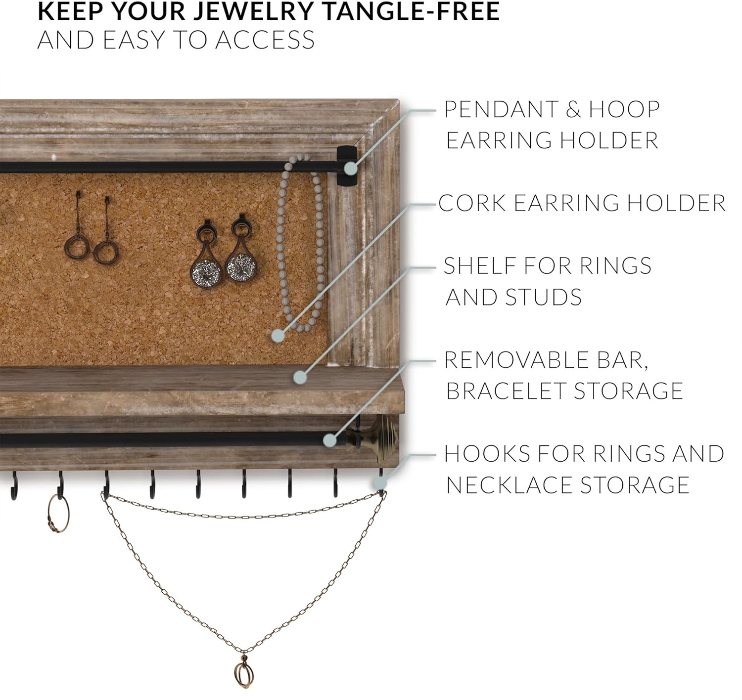 Barnyard Designs Organizador de joyas colgante para montar en la pared, aretes, collar y pulsera con estante para anillos, estante de almacenamiento
