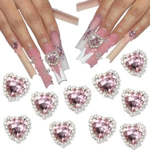 YAEISM Dijes de arte de uñas de corazón de 0.472 pulgadas, 10 piezas de diamantes de imitación de cristal 3D, dijes de uñas de diamante rosa YAEISM Dijes de arte de uñas de corazón de 0.472 pulgadas, 10 piezas de diamantes de imitación de cristal 3D, dijes de uñas de diamante rosa
