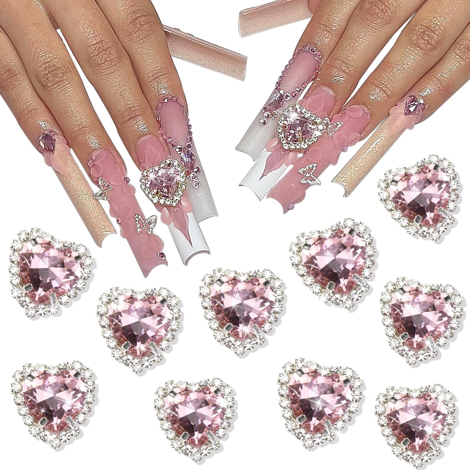 YAEISM Dijes de arte de uñas de corazón de 0.472 pulgadas, 10 piezas de diamantes de imitación de cristal 3D, dijes de uñas de diamante rosa