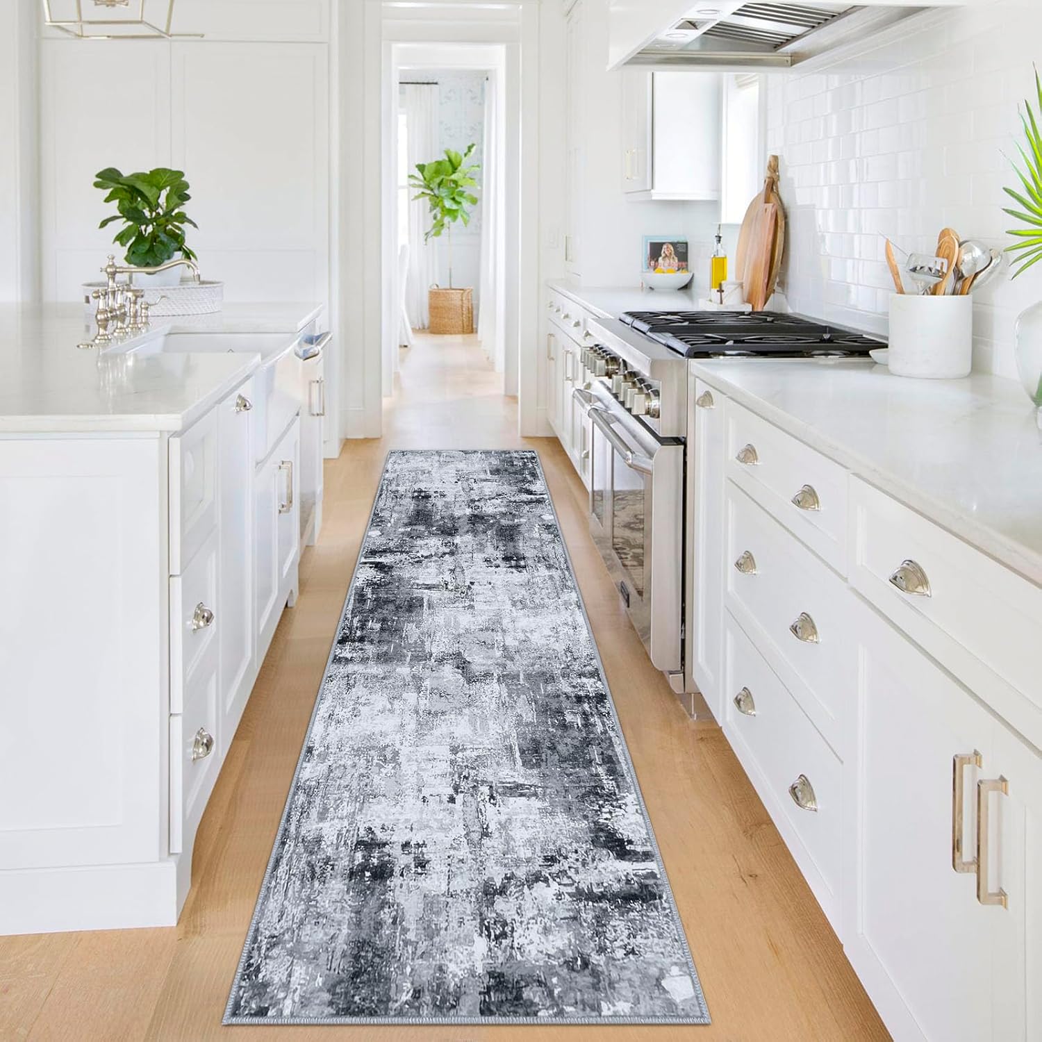 KOZYFLY Alfombra abstracta moderna para pasillo de 2 x 8 pulgadas, color gris, antideslizante, lavable, alfombra de pasillo de lavandería, alfombra