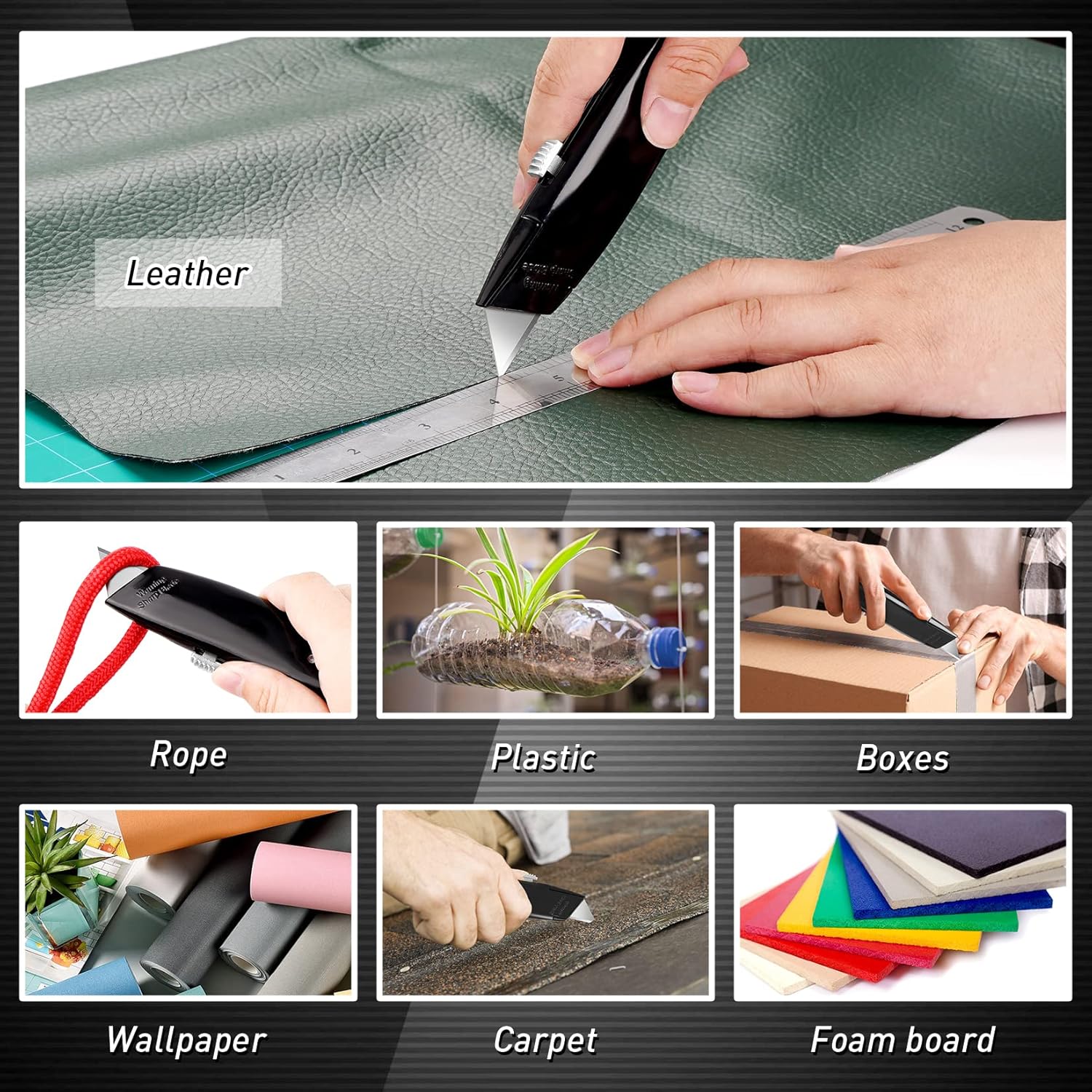 Paquete de 2 cortadores retráctiles para cuchillos, retráctiles de aluminio resistente, para cartón, cajas y cartones (negro)