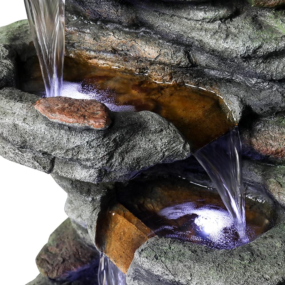 Naturefalls Fuente de agua de roca de 32.6 pulgadas con luces LED, fuente de agua de poliresina de 6 niveles para exteriores, características de