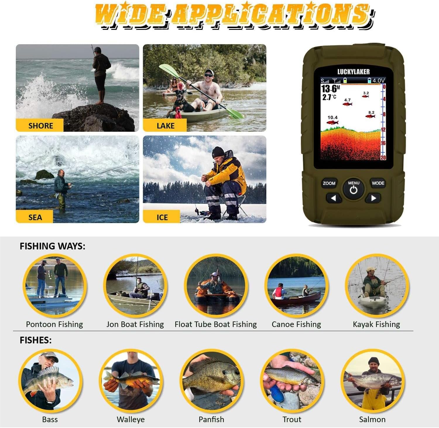 LUCKY Buscador de peces inalámbrico de mano para barco, transductor con cable, sensor sonar, impermeable, portátil, buscadores de profundidad para