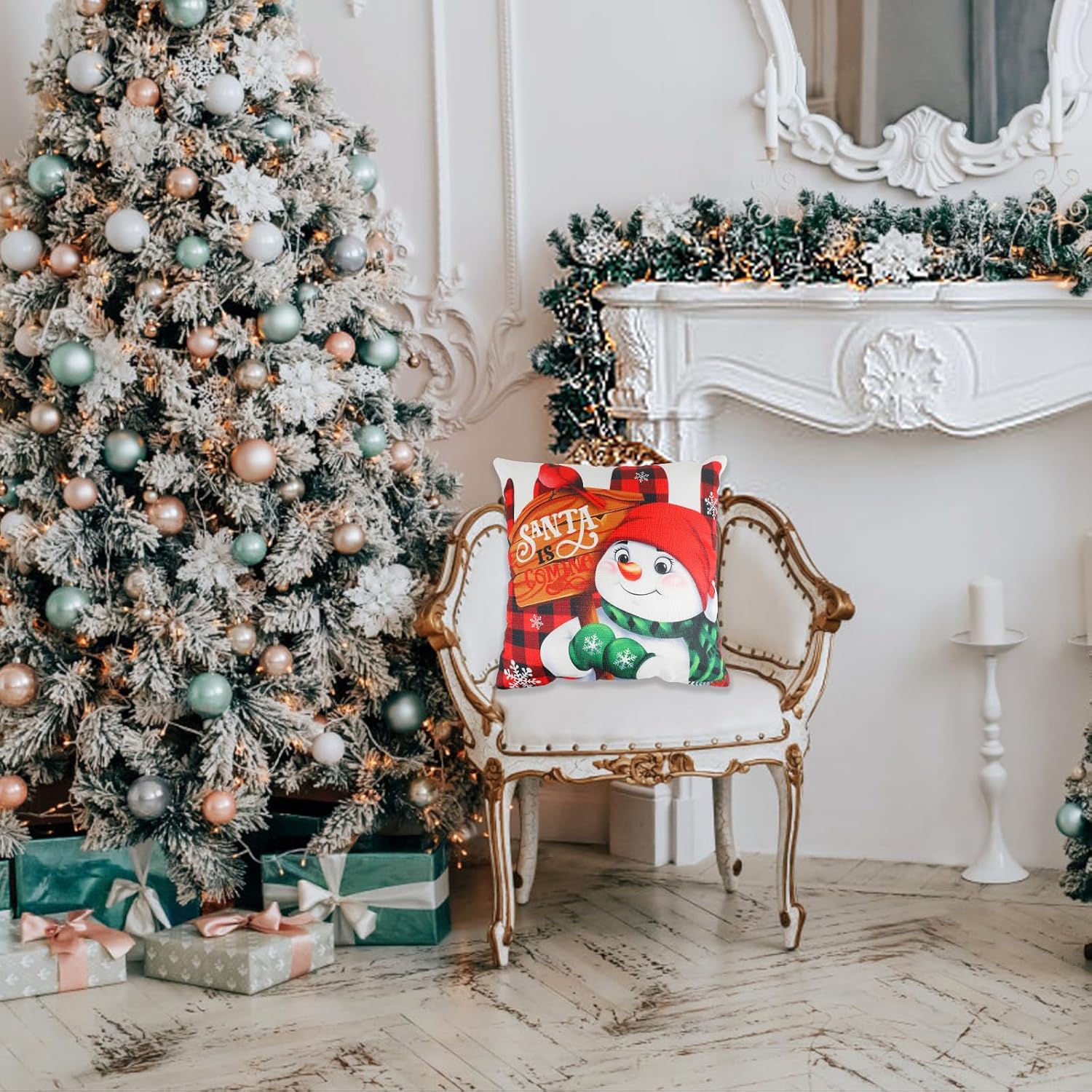 LOMIMOS 4 fundas de almohada de Navidad, 17 x 17 pulgadas, muñeco de nieve, Papá Noel, Else, decoración para el hogar, sofá, dormitorio, balcón