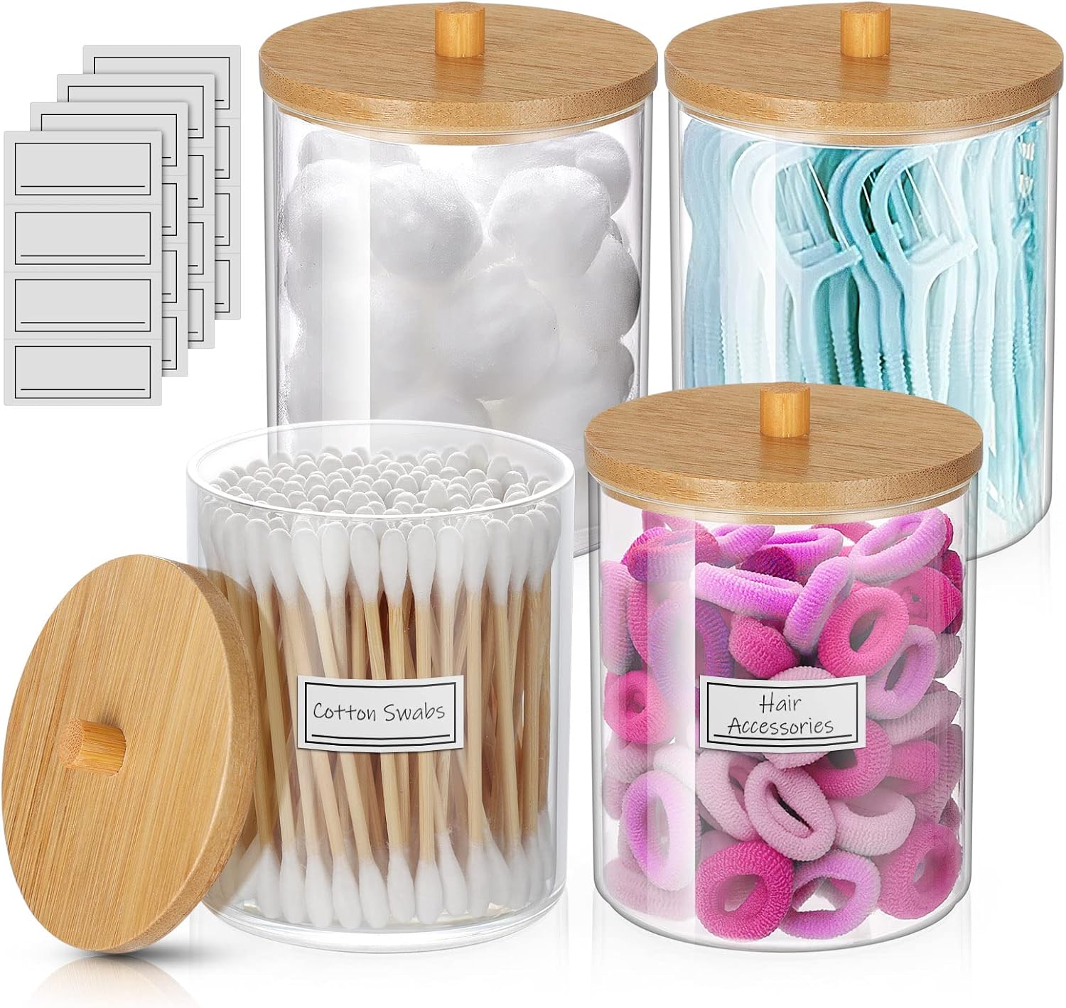 WACAR Paquete de 4 soportes Qtip, soporte para bolas de algodón de 10 onzas, juego de baño con soporte para hisopos de algodón acrílico, dispensador