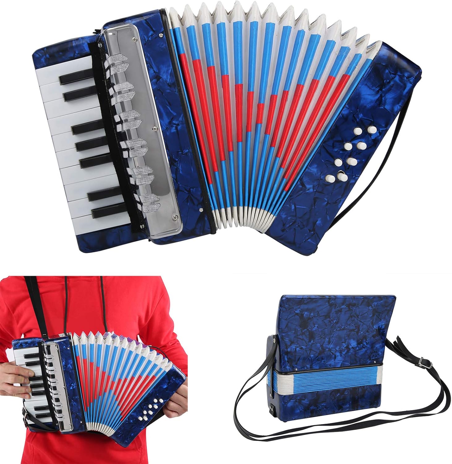 Acordeón para niños, instrumento musical de acordeón de 17 teclas para niños o aficionados, cómodo y ligero en uso. (azul oscuro)