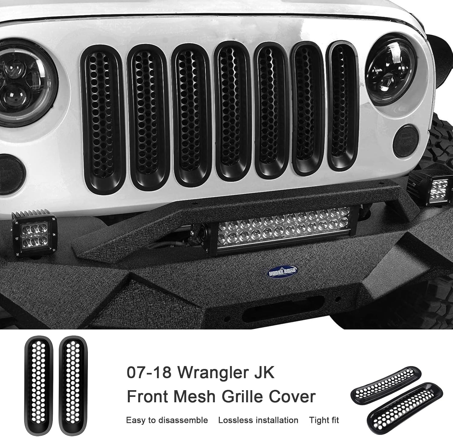 Cubierta de rejilla de malla frontal compatible con Jeep Wrangler JK y JKU 2007-2018 – Insertos de parrilla negros con protector de clip con ranuras