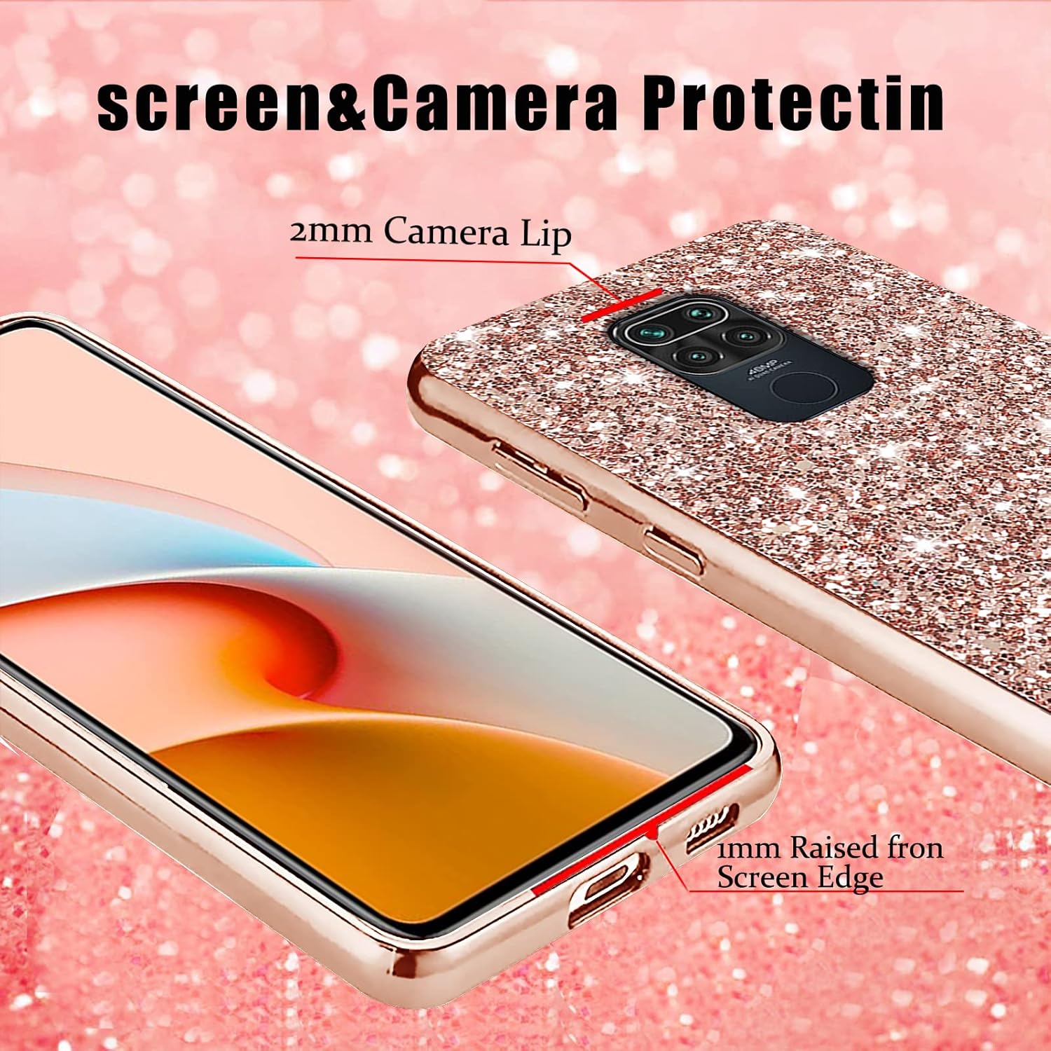 Funda compatible con Xiaomi Redmi Note 9 con purpurina a prueba de golpes, Redmi Note 9, funda protectora delgada de TPU suave y policarbonato de