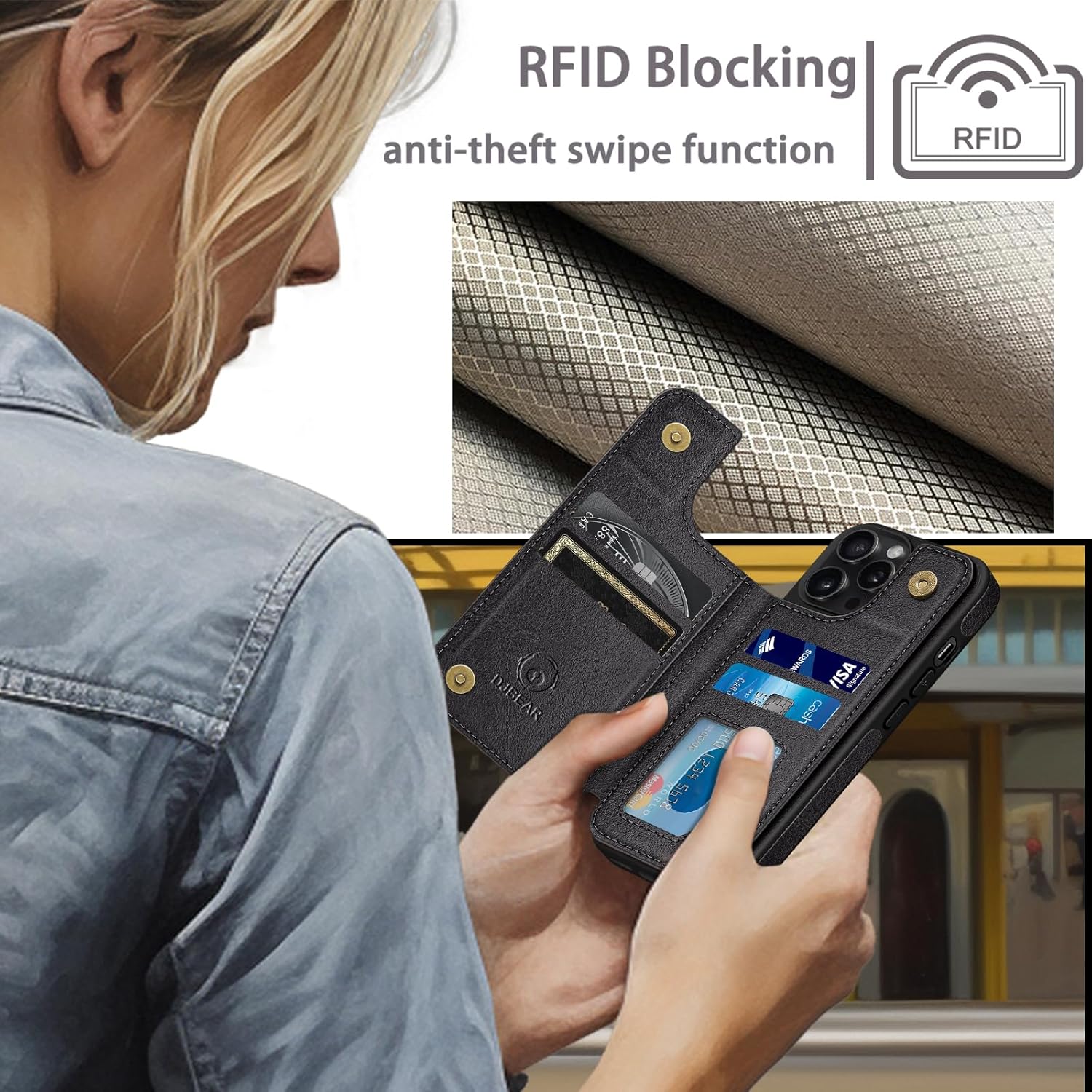 DJBEAR Funda tipo cartera para iPhone 15 Pro de 6.1 pulgadas (compatible con Magsafe), Magnética 2 en 1 desmontable Funda de piel con bloqueo RFID a