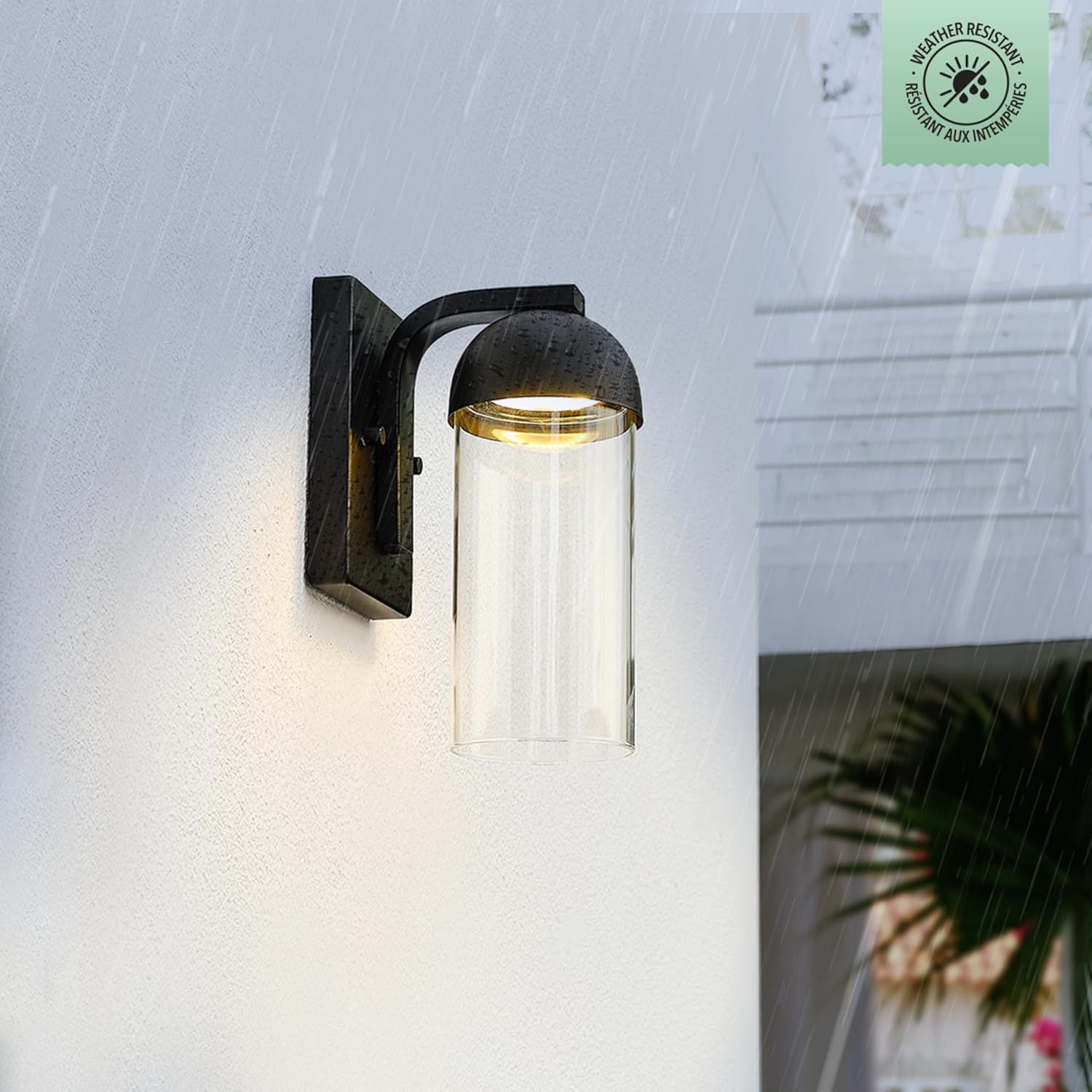 Globe Electric 60000023 Aplique de pared LED integrado de 12 W, negro mate, pantalla de vidrio transparente, iluminación exterior moderna,