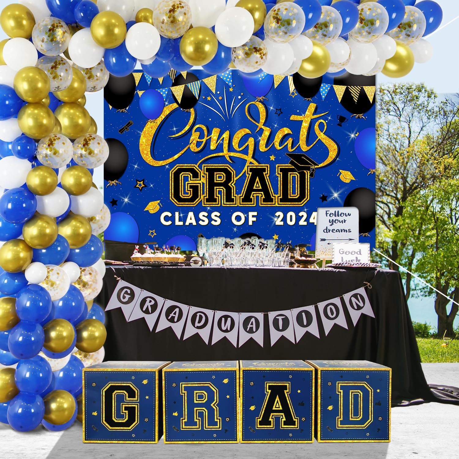 Decoraciones de graduación de clase de 2024, suministros de fiesta de graduación azul y dorado, kit de arco de globos, cajas de globos, pancarta de