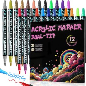 Marcadores acrílicos de doble punta, 12 colores para pintura de rocas, tela, madera, vidrio, cerámica, marcadores permanentes de pintura acrílica Marcadores acrílicos de doble punta, 12 colores para pintura de rocas, tela, madera, vidrio, cerámica, marcadores permanentes de pintura acrílica