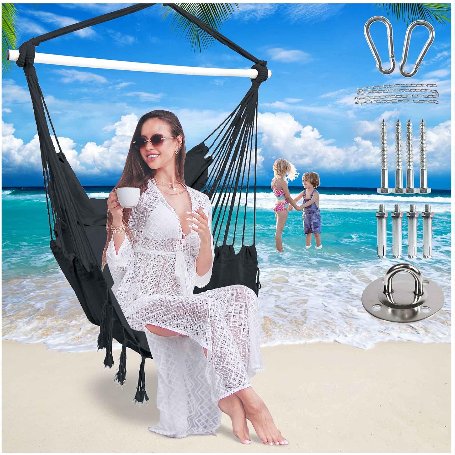 Silla hamaca colgante de cuerda para colgar, máximo 450 libras, 2 cojines incluidos, silla colgante grande de macramé con bolsillo y kits de