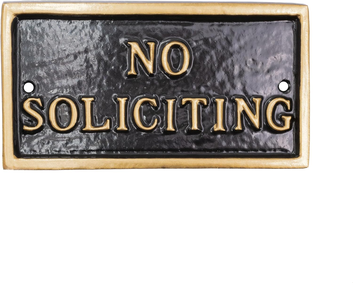 Placa rectangular de metal fundido con texto en inglés “No Soliciting” – Letrero de advertencia – Placa de negocios – Fácil de instalar – Fabricado