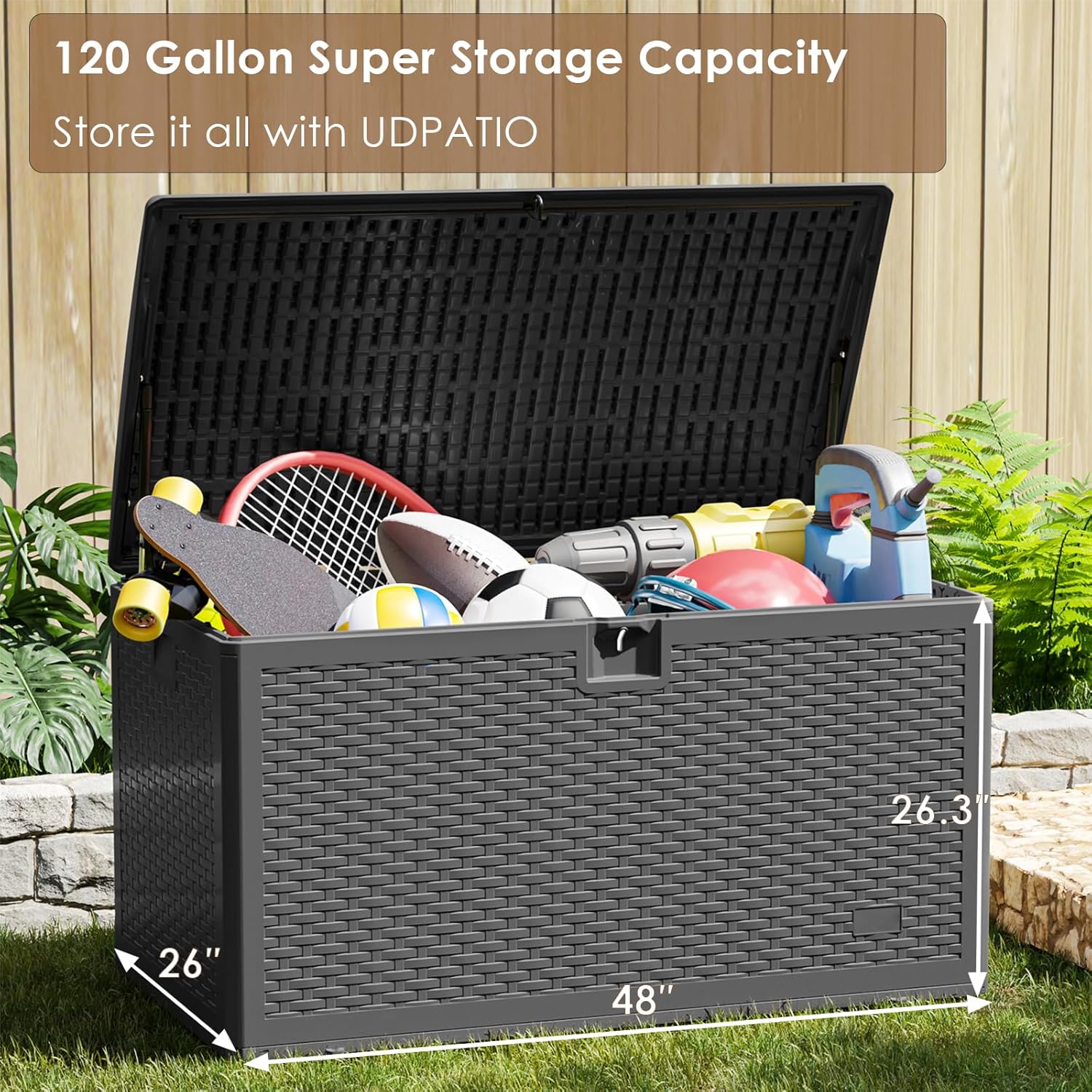 UDPATIO Caja de cubierta extragrande de 120 galones, caja de almacenamiento impermeable de doble pared, caja de resina duradera para exteriores,